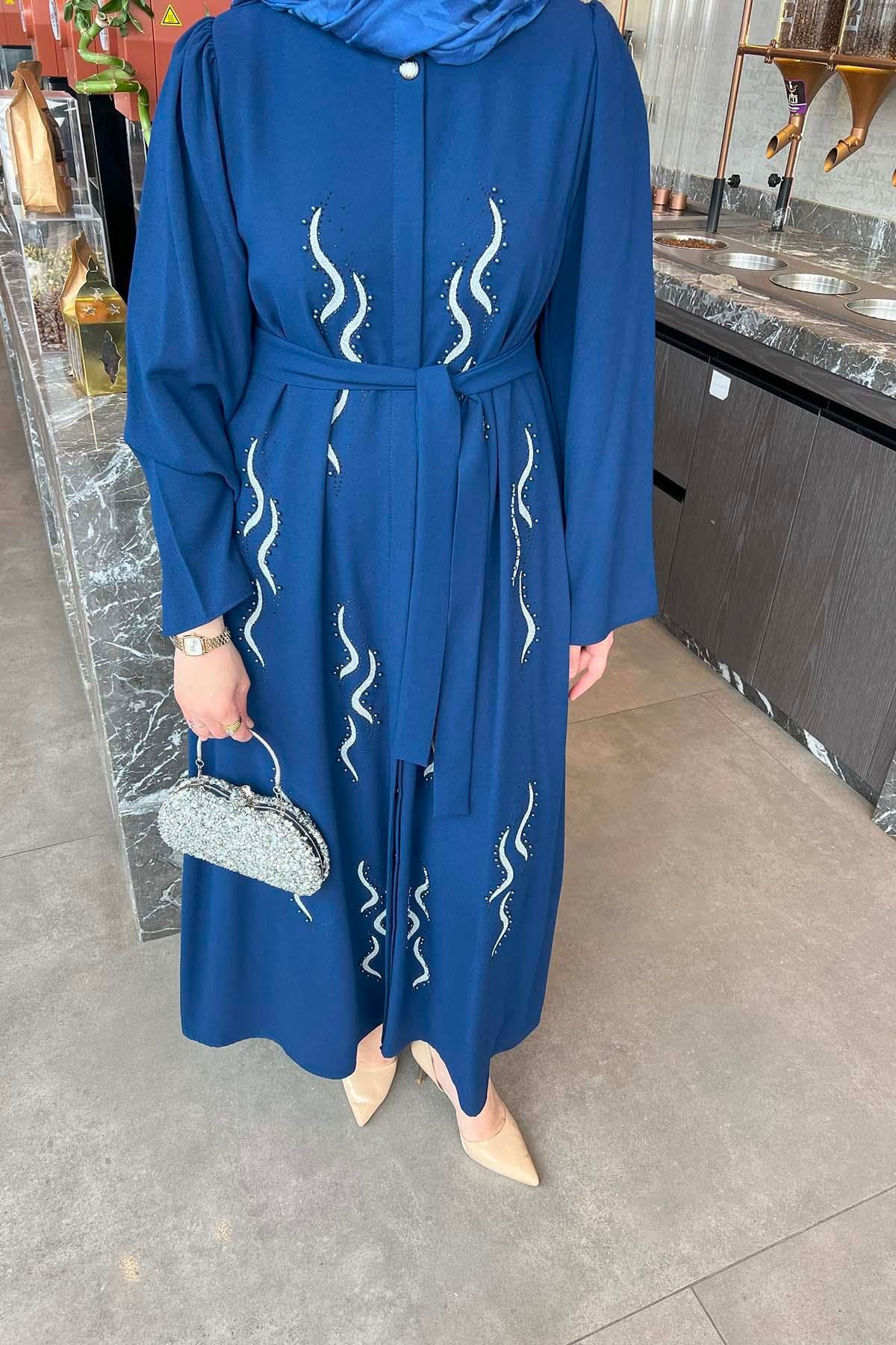 Sırma İşlemeli Kuşaklı Kaftan Elbise Lacivert