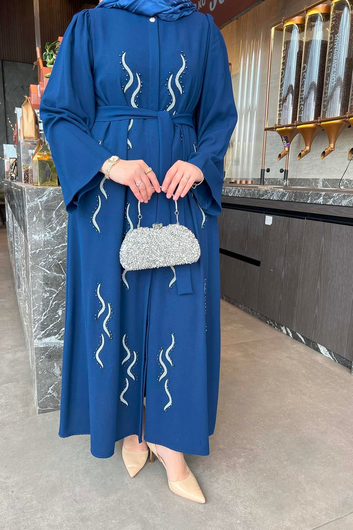 Sırma İşlemeli Kuşaklı Kaftan Elbise Lacivert