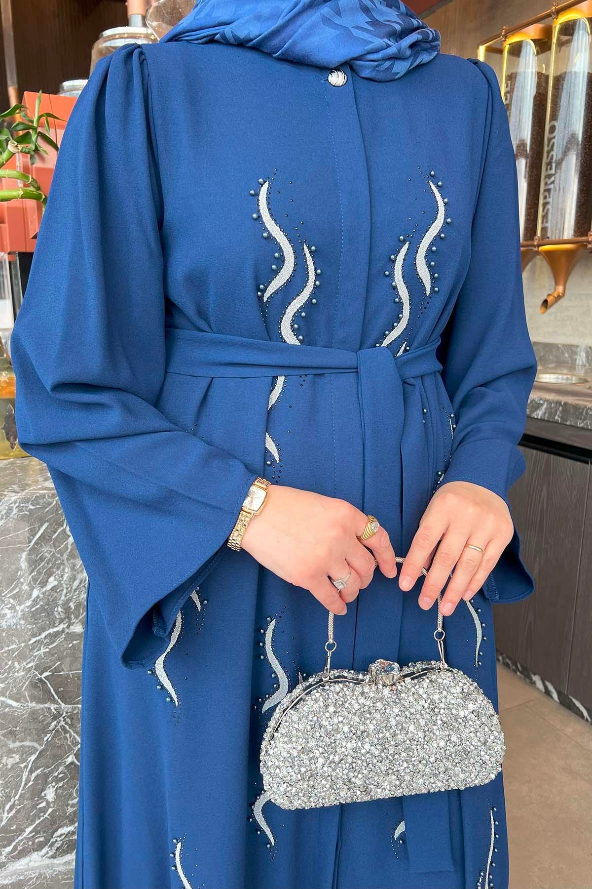 Sırma İşlemeli Kuşaklı Kaftan Elbise Lacivert