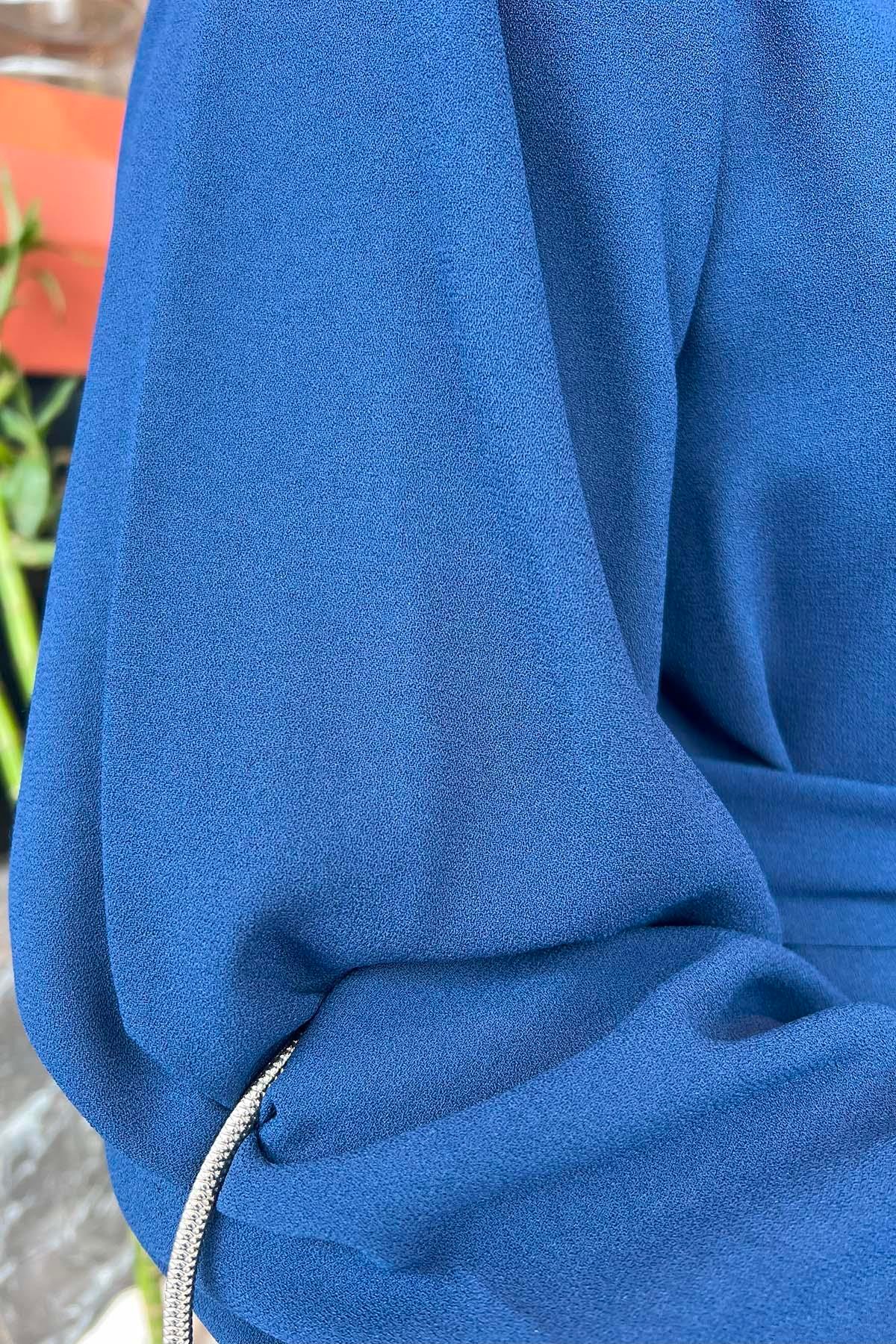 Sırma İşlemeli Kuşaklı Kaftan Elbise Lacivert