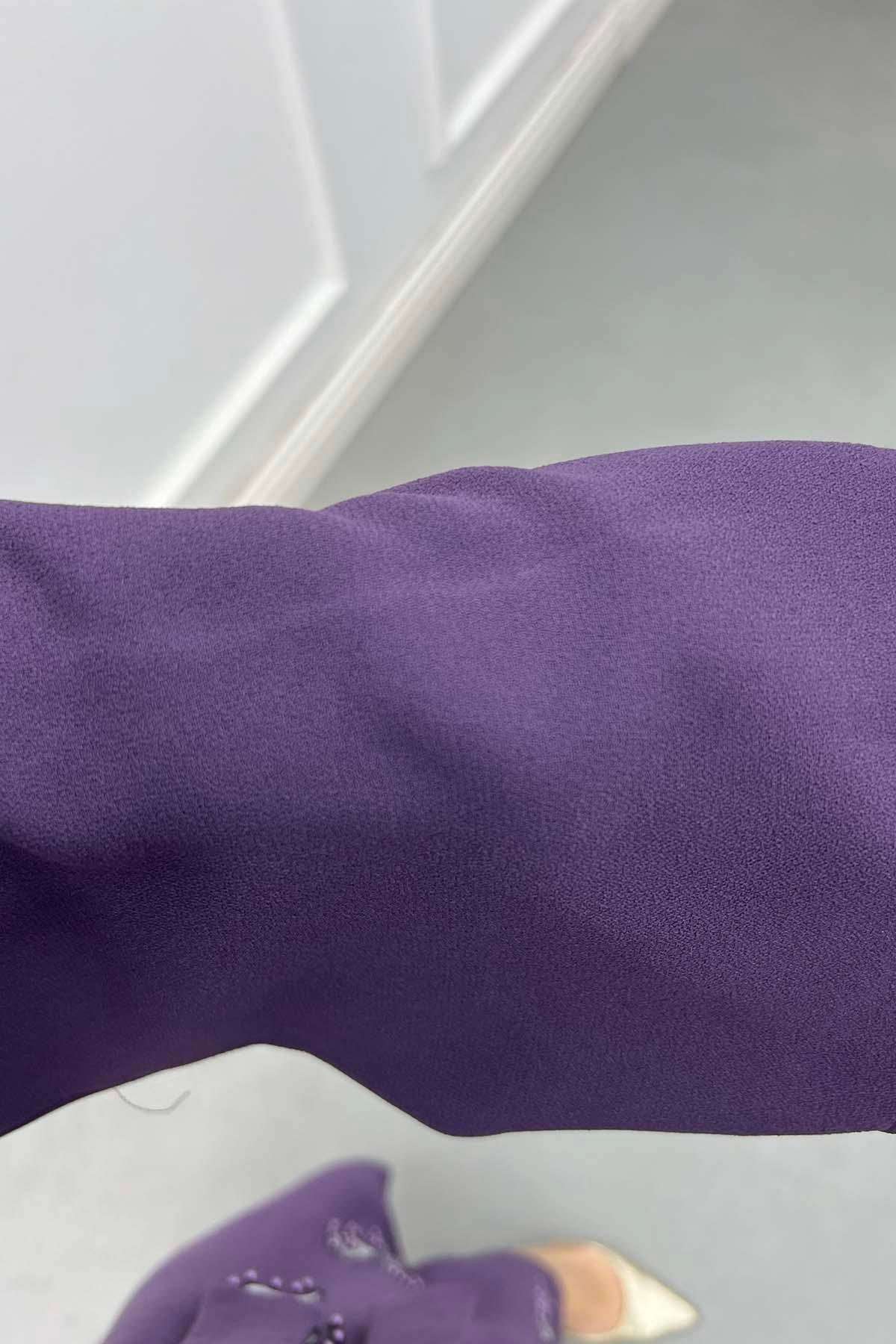 Sırma İşlemeli Kuşaklı Kaftan Elbise Mor