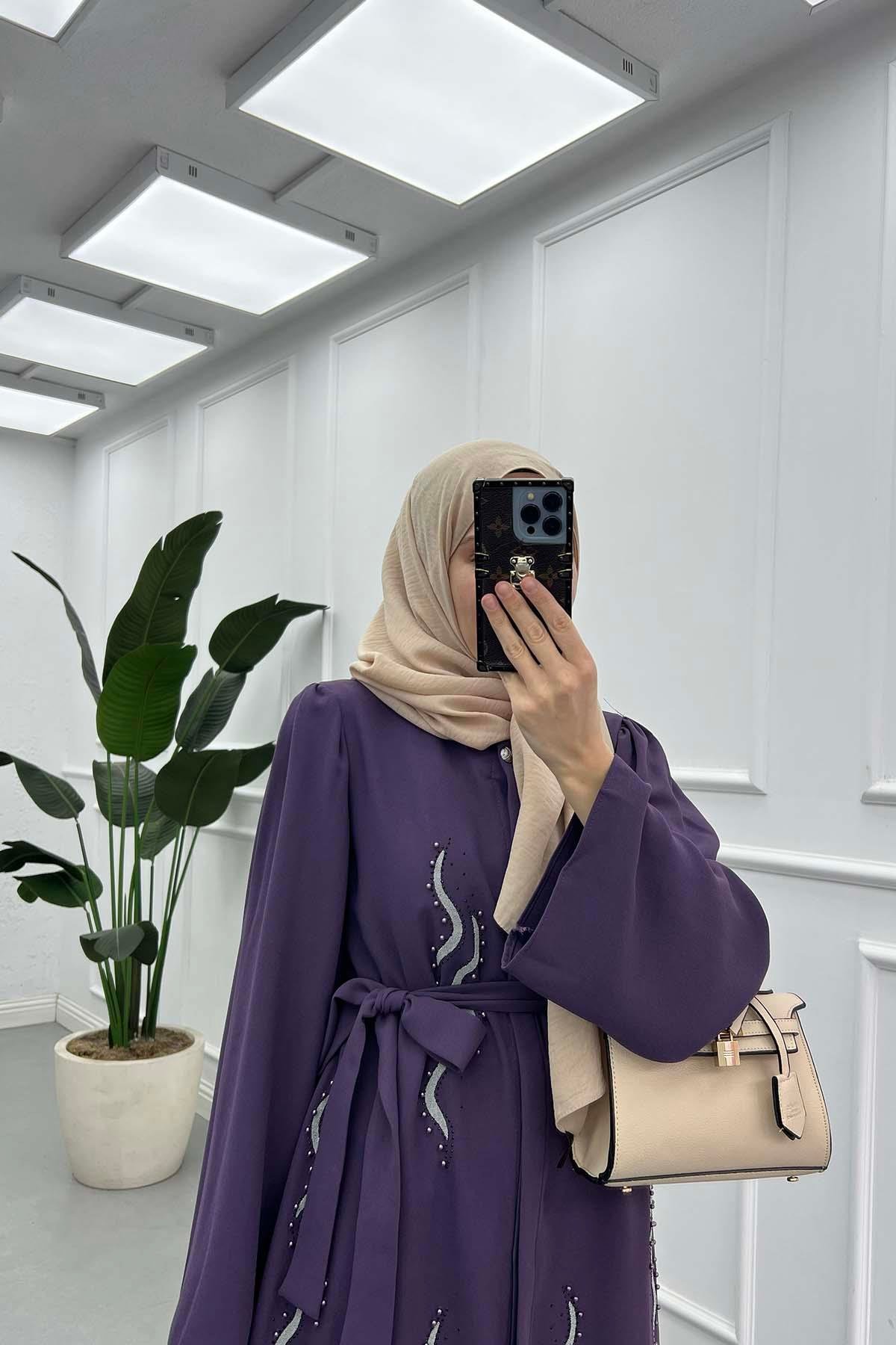 Sırma İşlemeli Kuşaklı Kaftan Elbise Mor