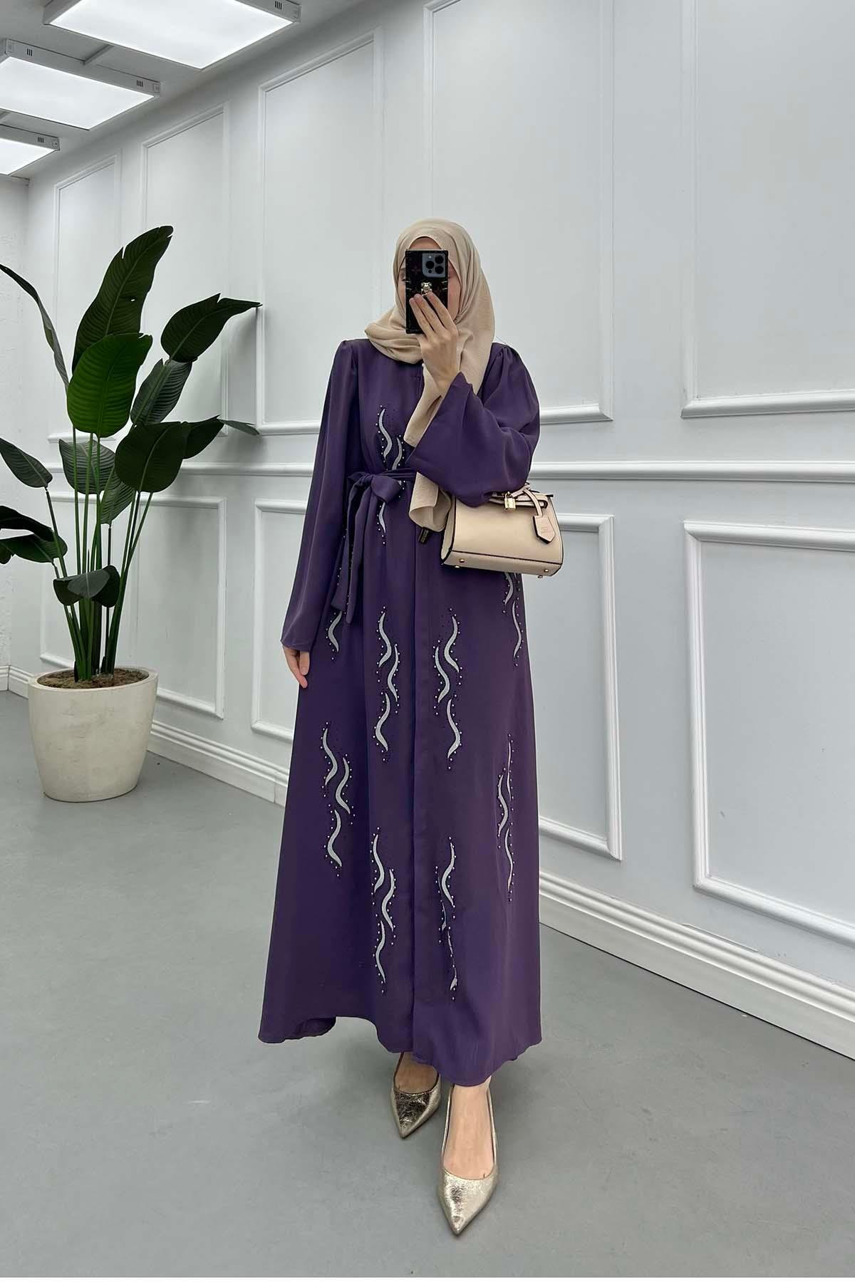 Sırma İşlemeli Kuşaklı Kaftan Elbise Mor