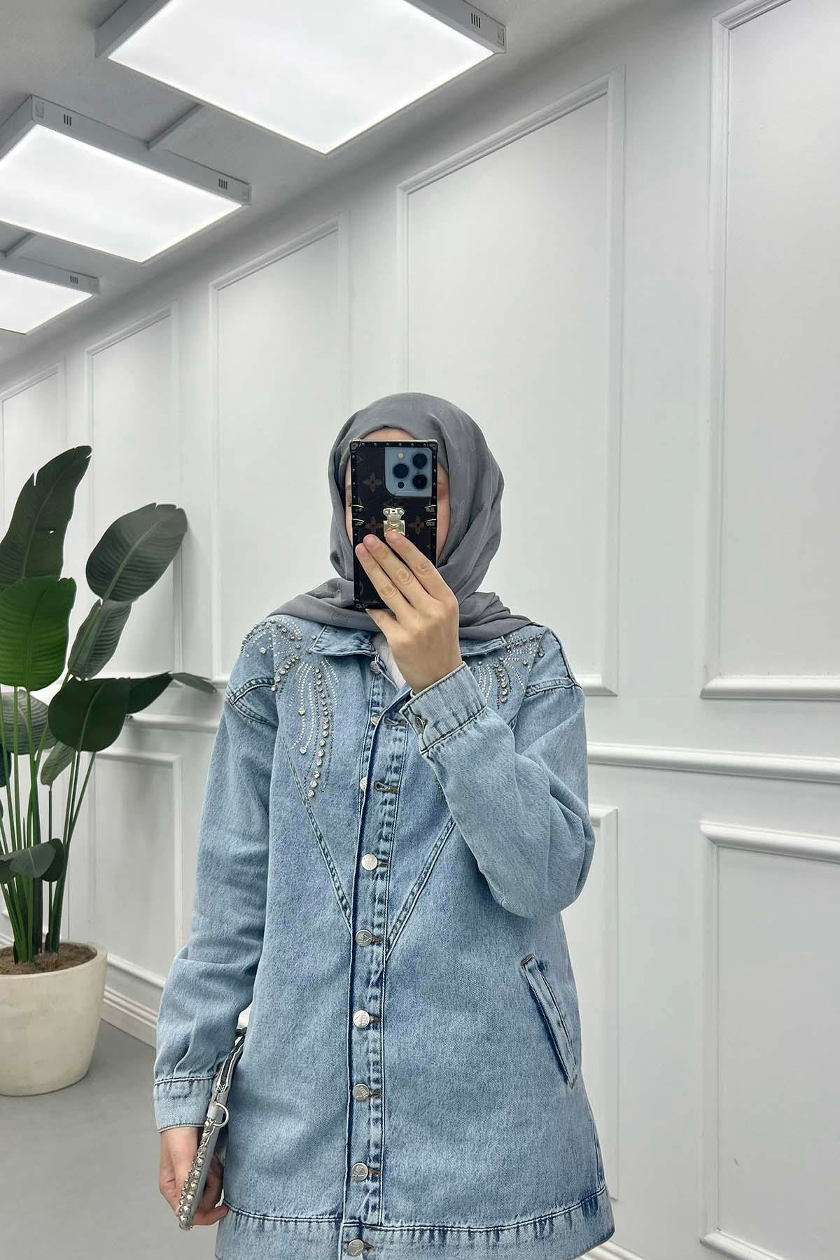 Starlight Taşlı Denim Ceket Mavi
