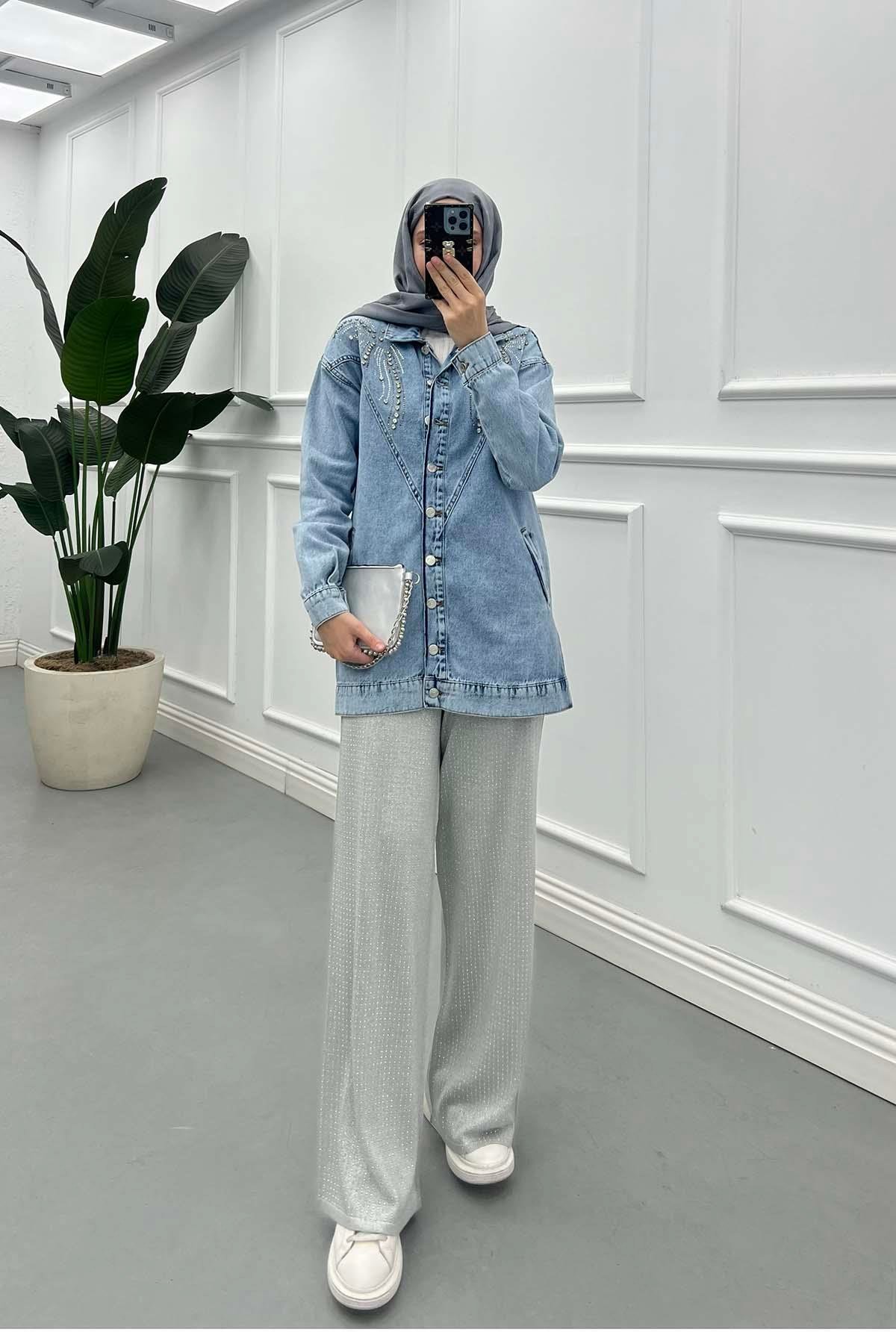 Starlight Taşlı Denim Ceket Mavi