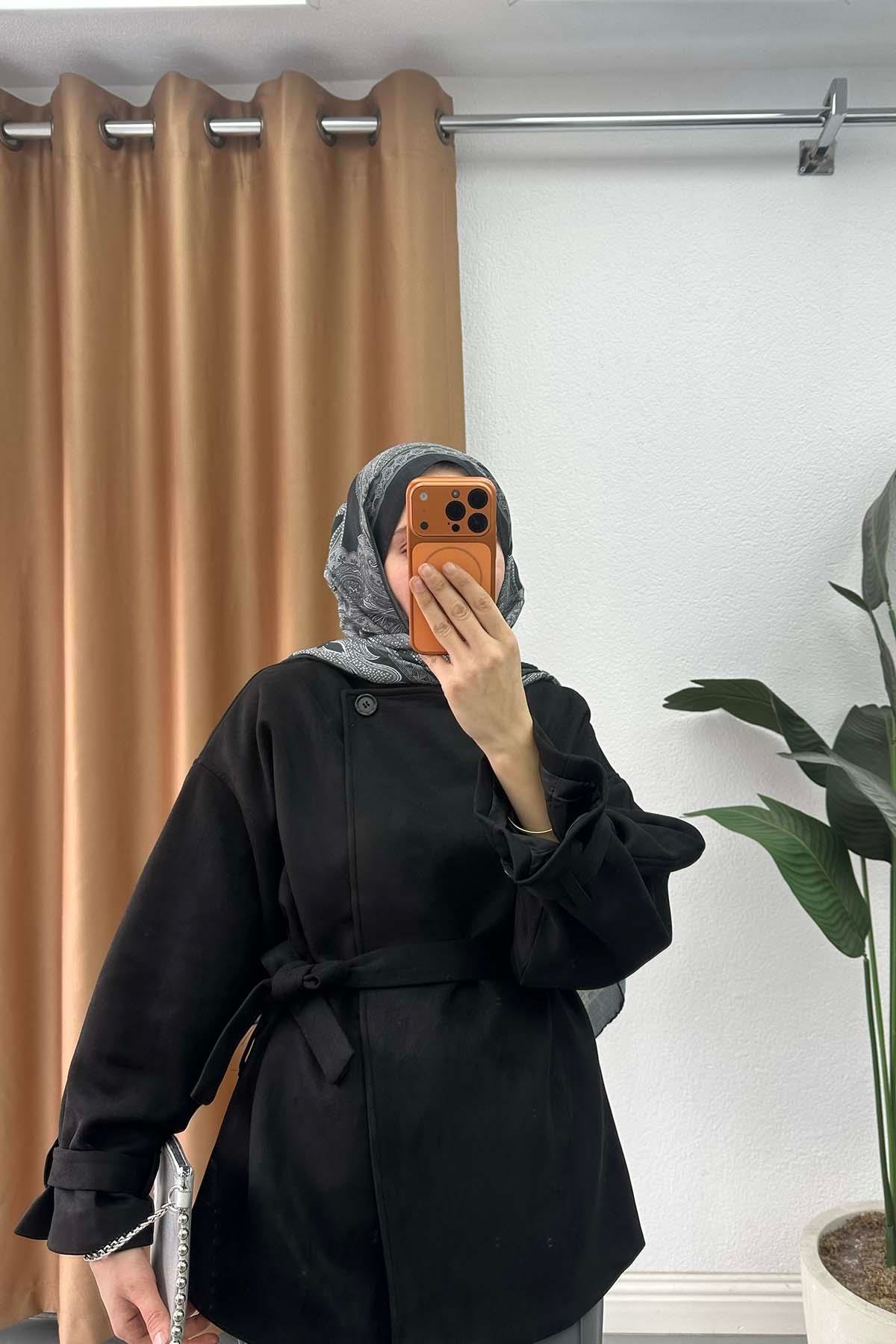 Süet Astarlı Kuşaklı Ceket Siyah