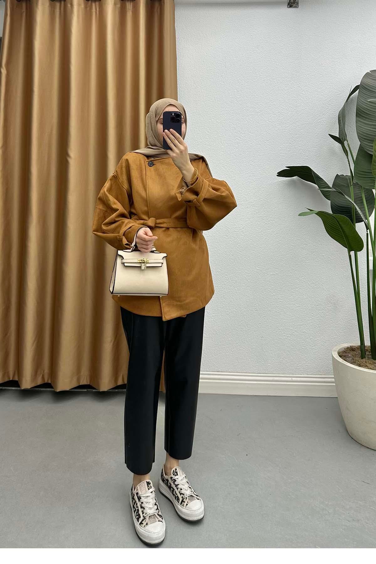 Süet Astarlı Kuşaklı Ceket Taba