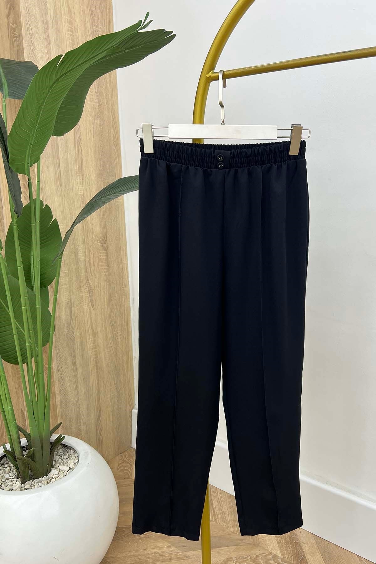 Süs Düğmeli Bel Lastikli Spor Pamuk Pantalon Siyah