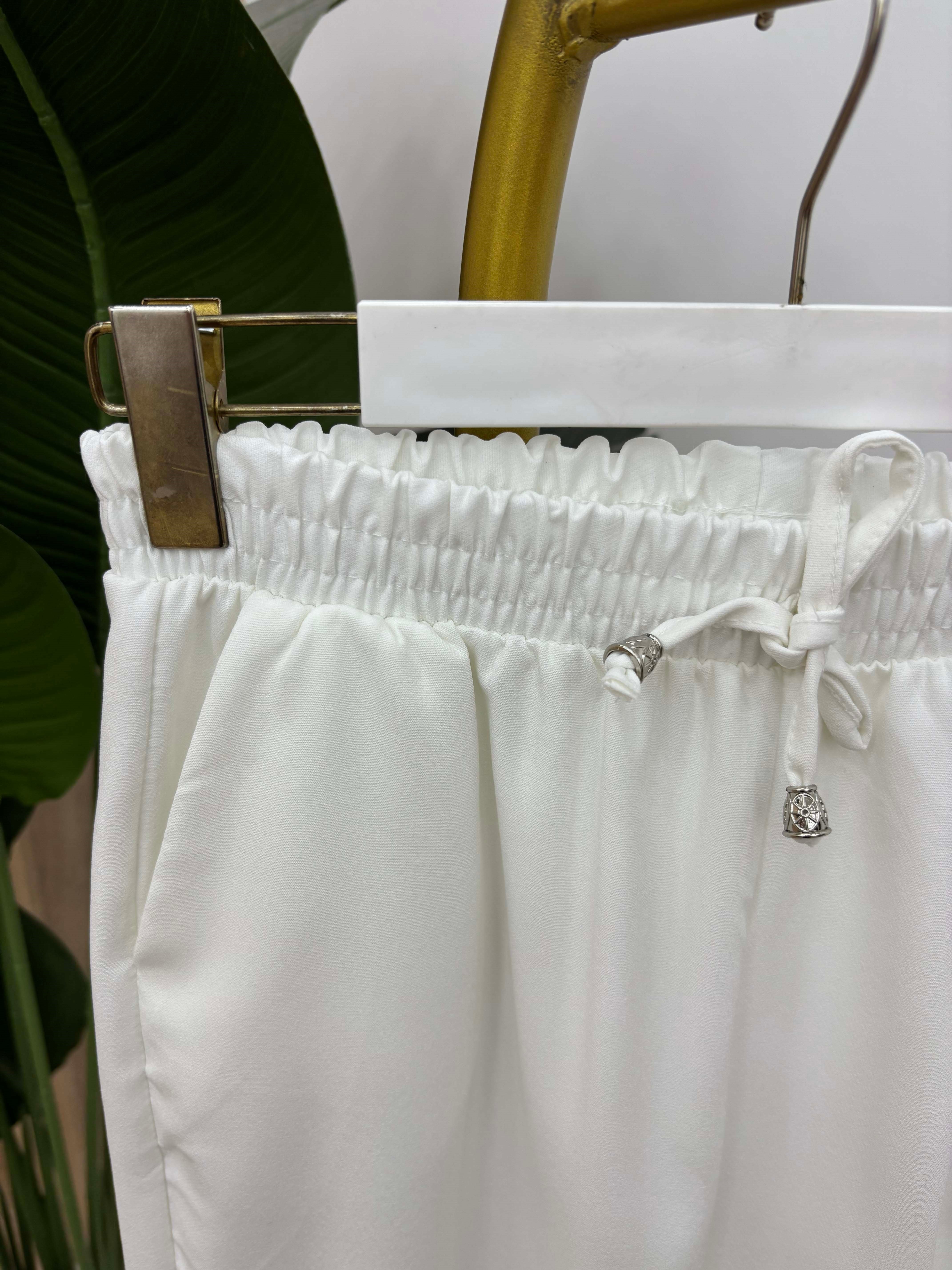 Süs İpli Bel Lastikli Spor Pamuk Pantalon Beyaz