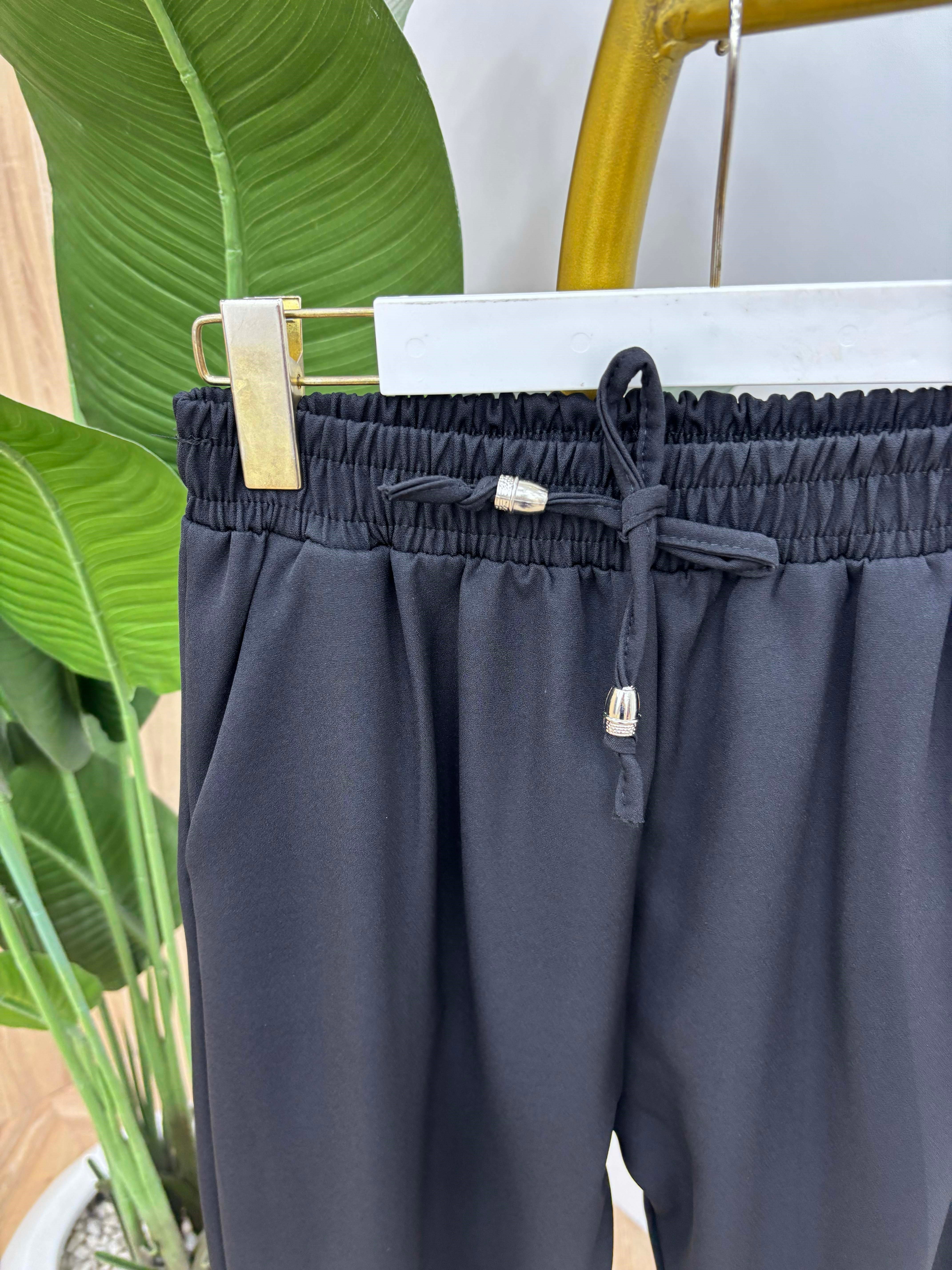 Süs İpli Bel Lastikli Spor Pamuk Pantalon Siyah