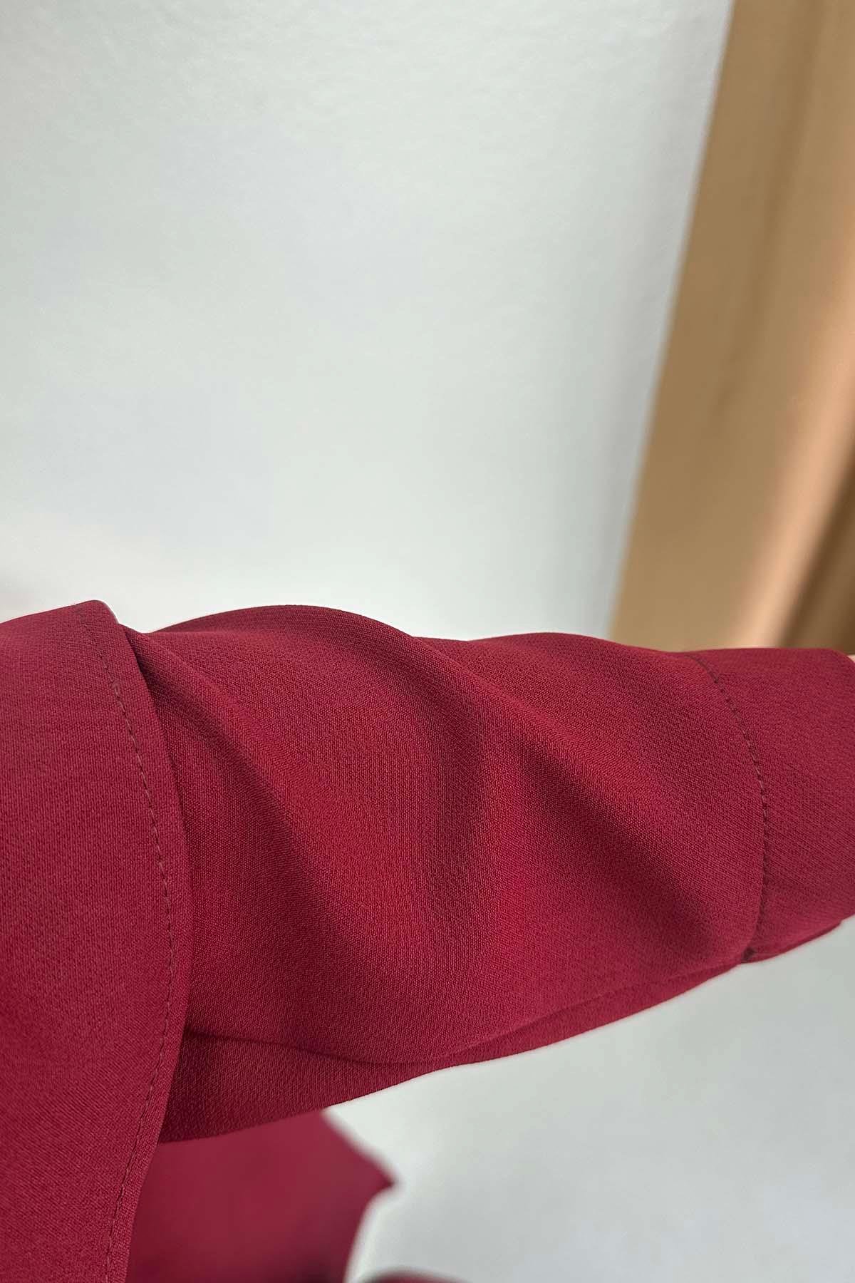Tam Boy Pelerinli Kuşaklı Elbise Bordo