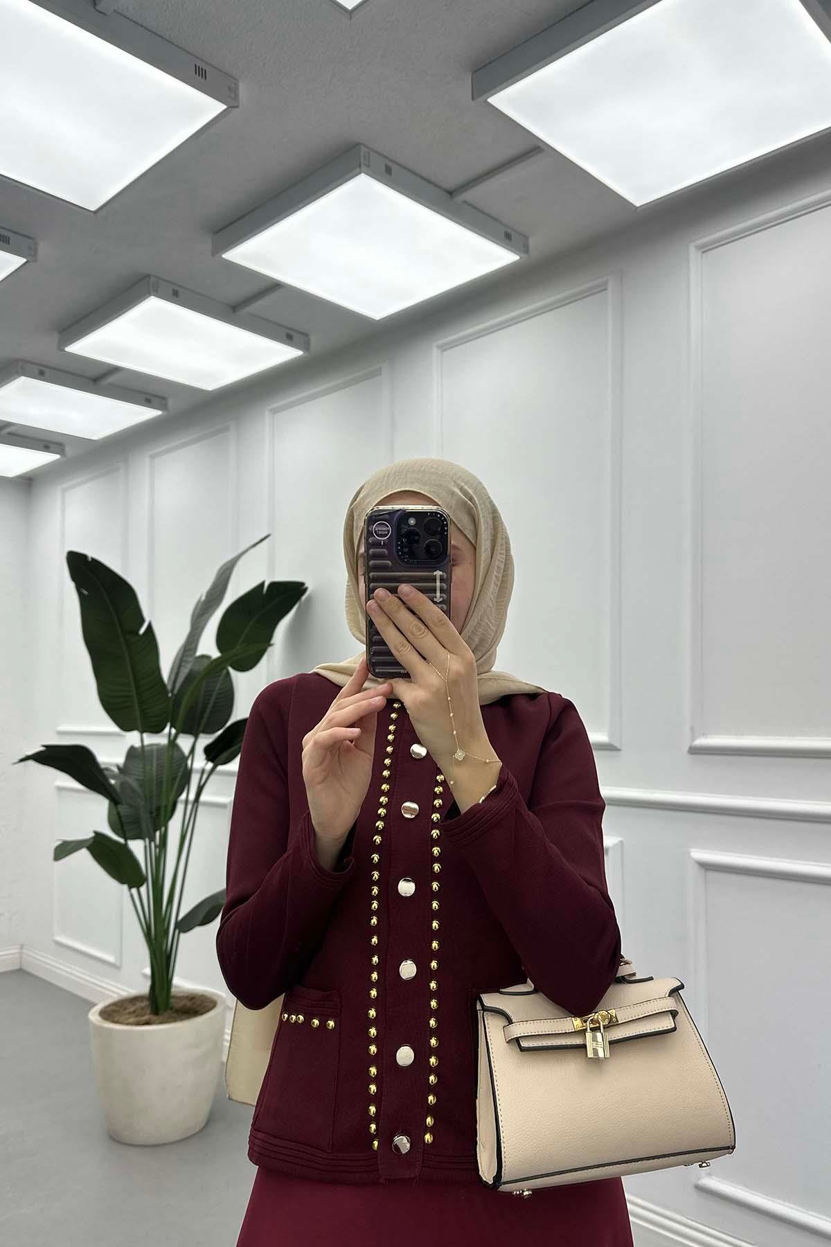Taş Çakımlı Merserize Hırka Bordo