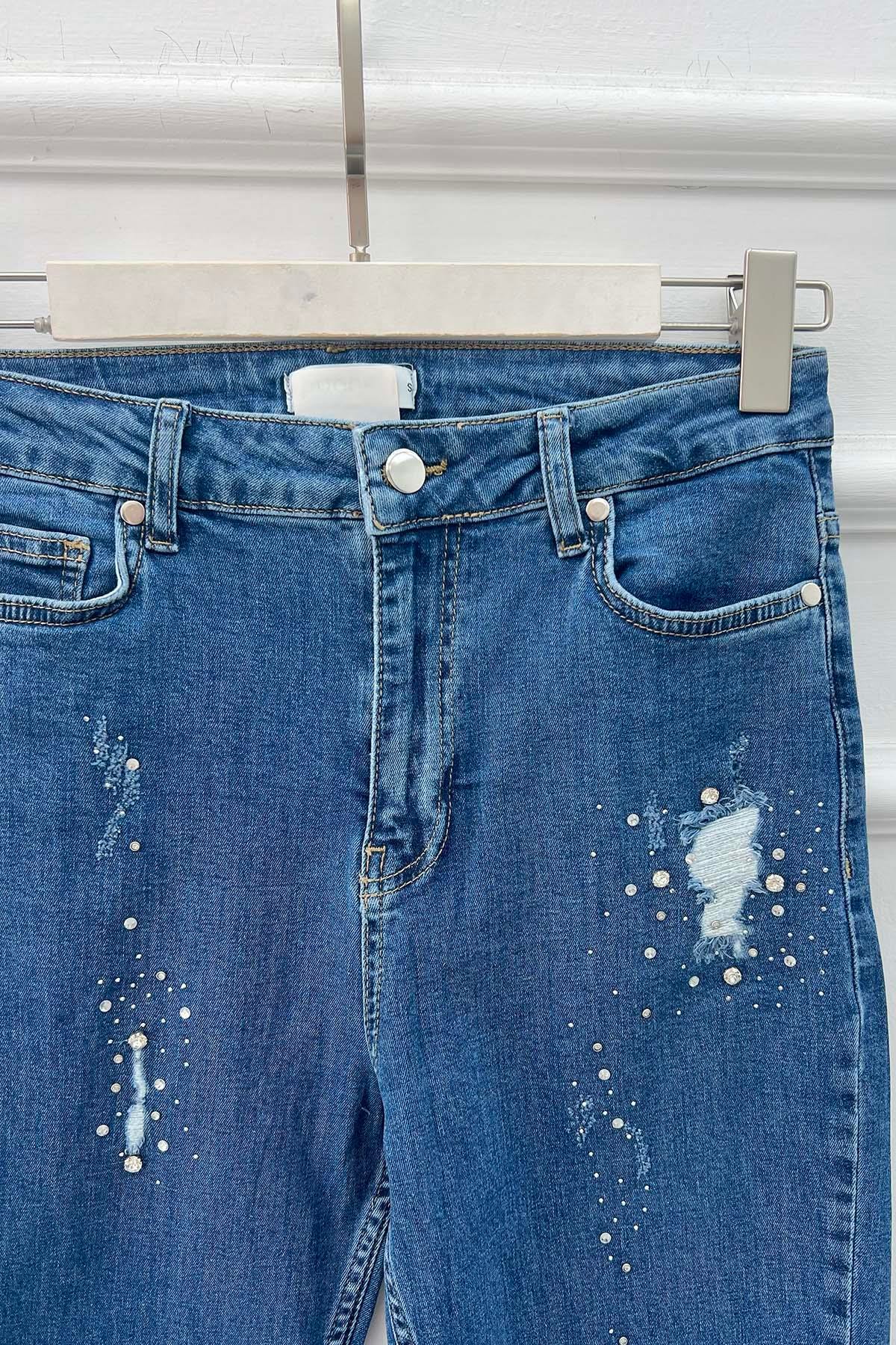 Taş Detaylı Eskitme Kot Pantolon Mavi