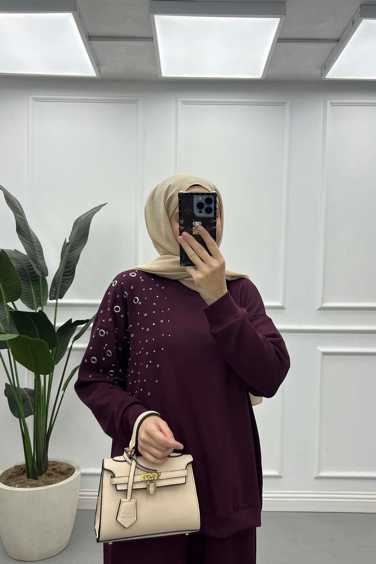 Taş Detaylı Oysh Takım Bordo