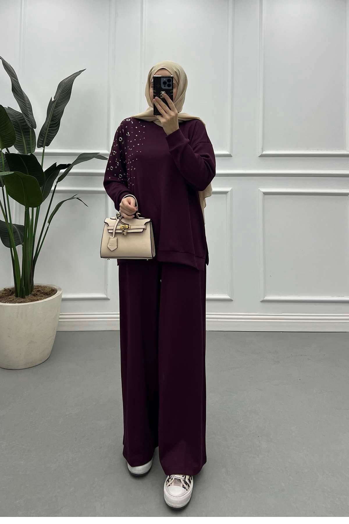 Taş Detaylı Oysh Takım Bordo