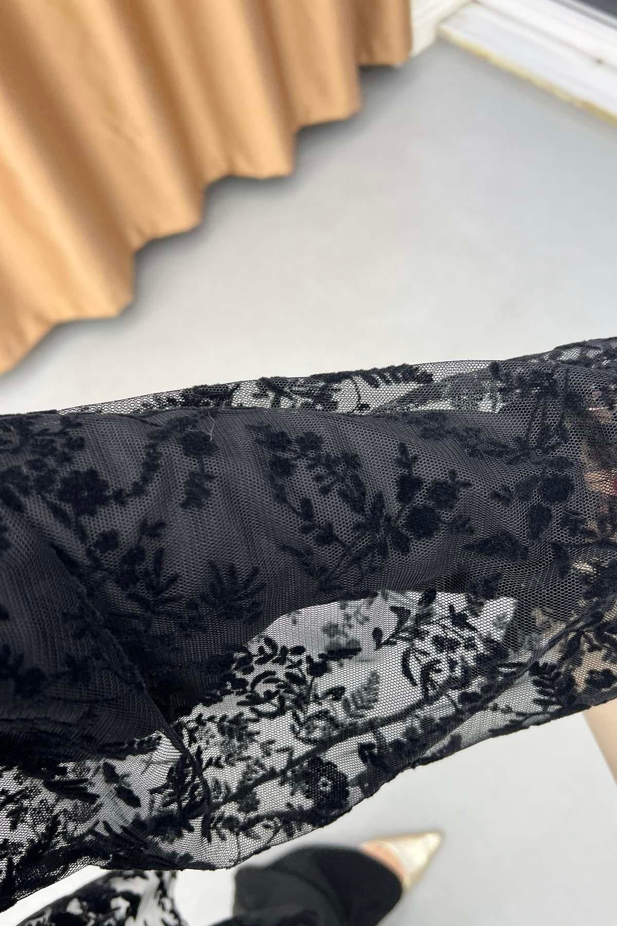 Taş Düğmeli Floral Nakışlı İçlikli Tül Gömlek Siyah