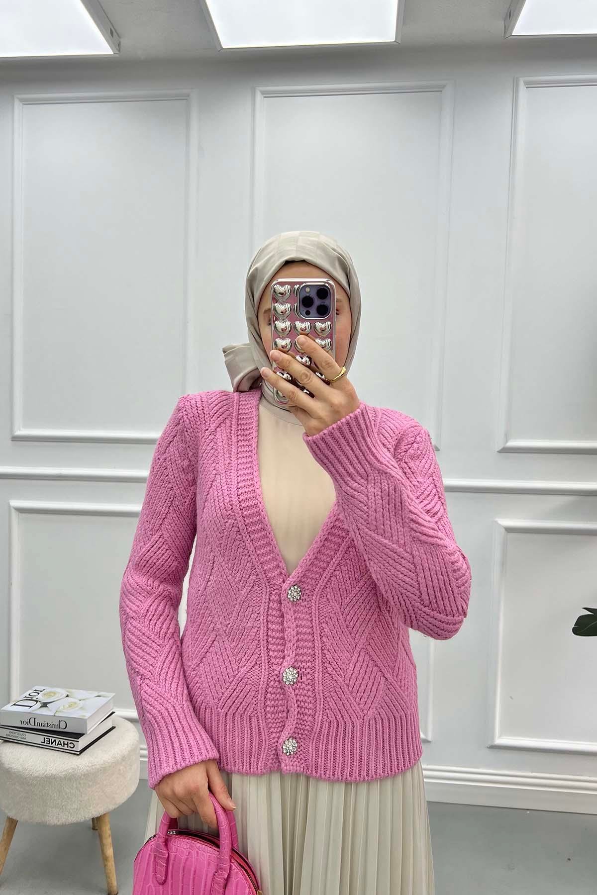 Taş Düğmeli Örgü Hırka Pembe