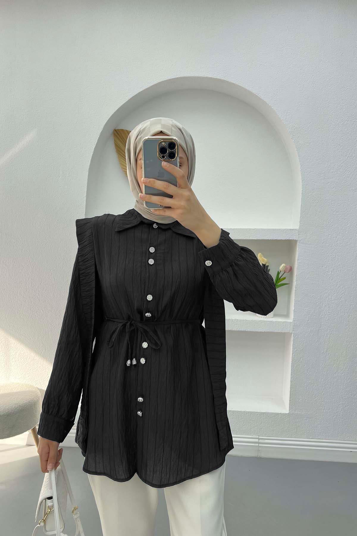 Taş Düğmeli Viral Gömlek Siyah