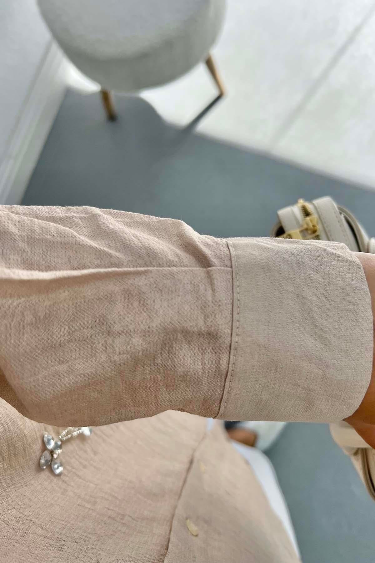 Taş İşlemeli Oversize Gömlek Bej