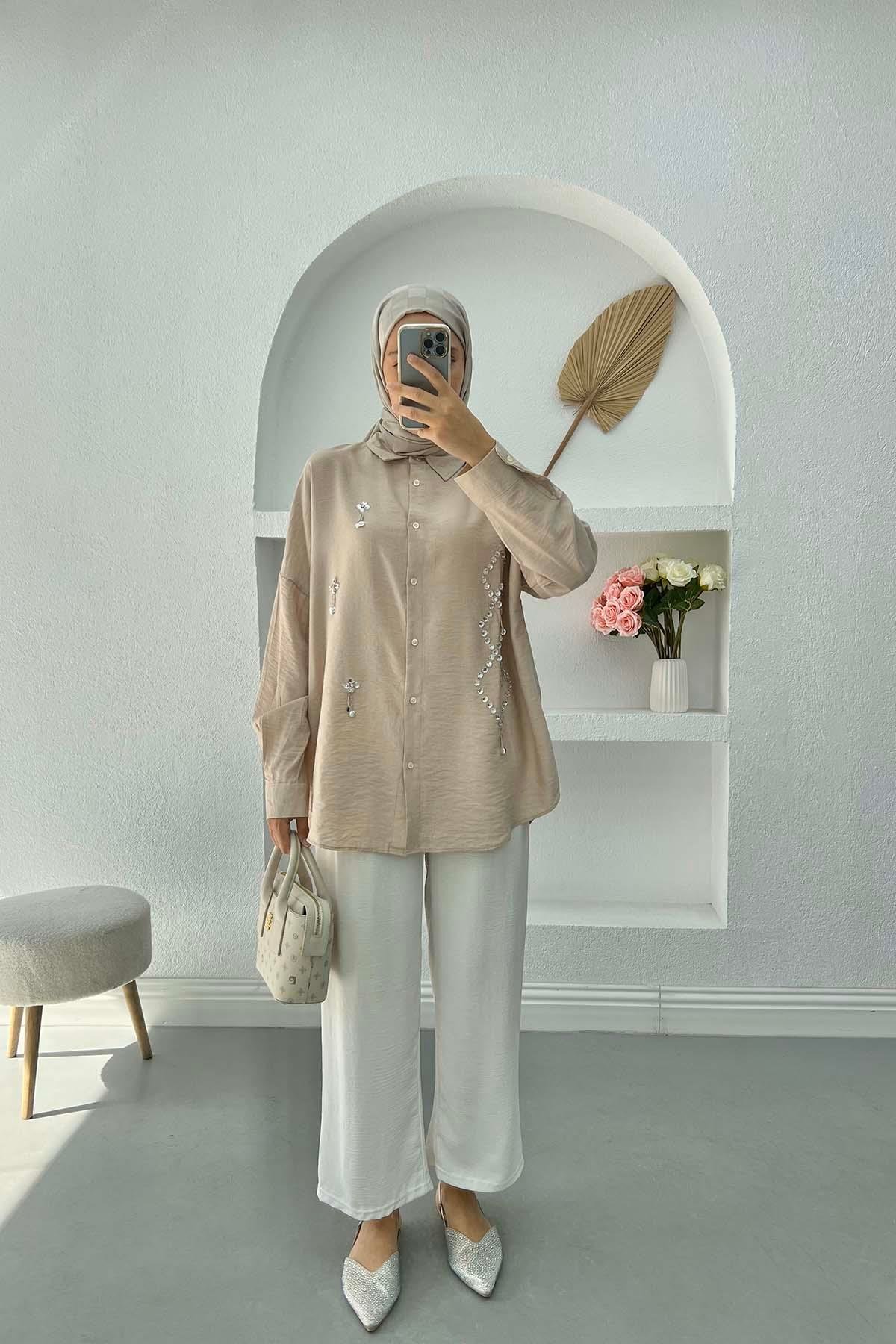 Taş İşlemeli Oversize Gömlek Bej