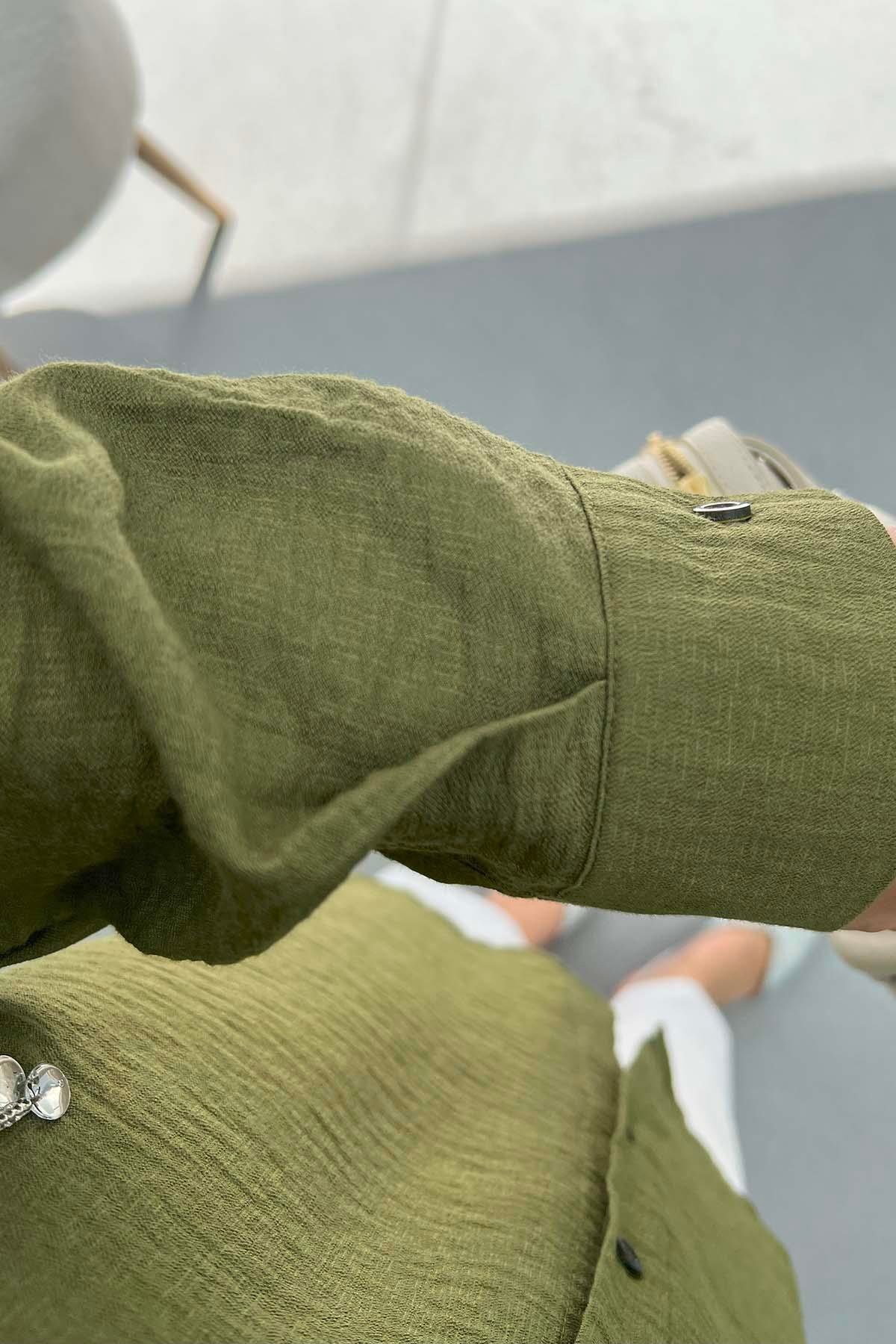 Taş İşlemeli Oversize Gömlek Haki