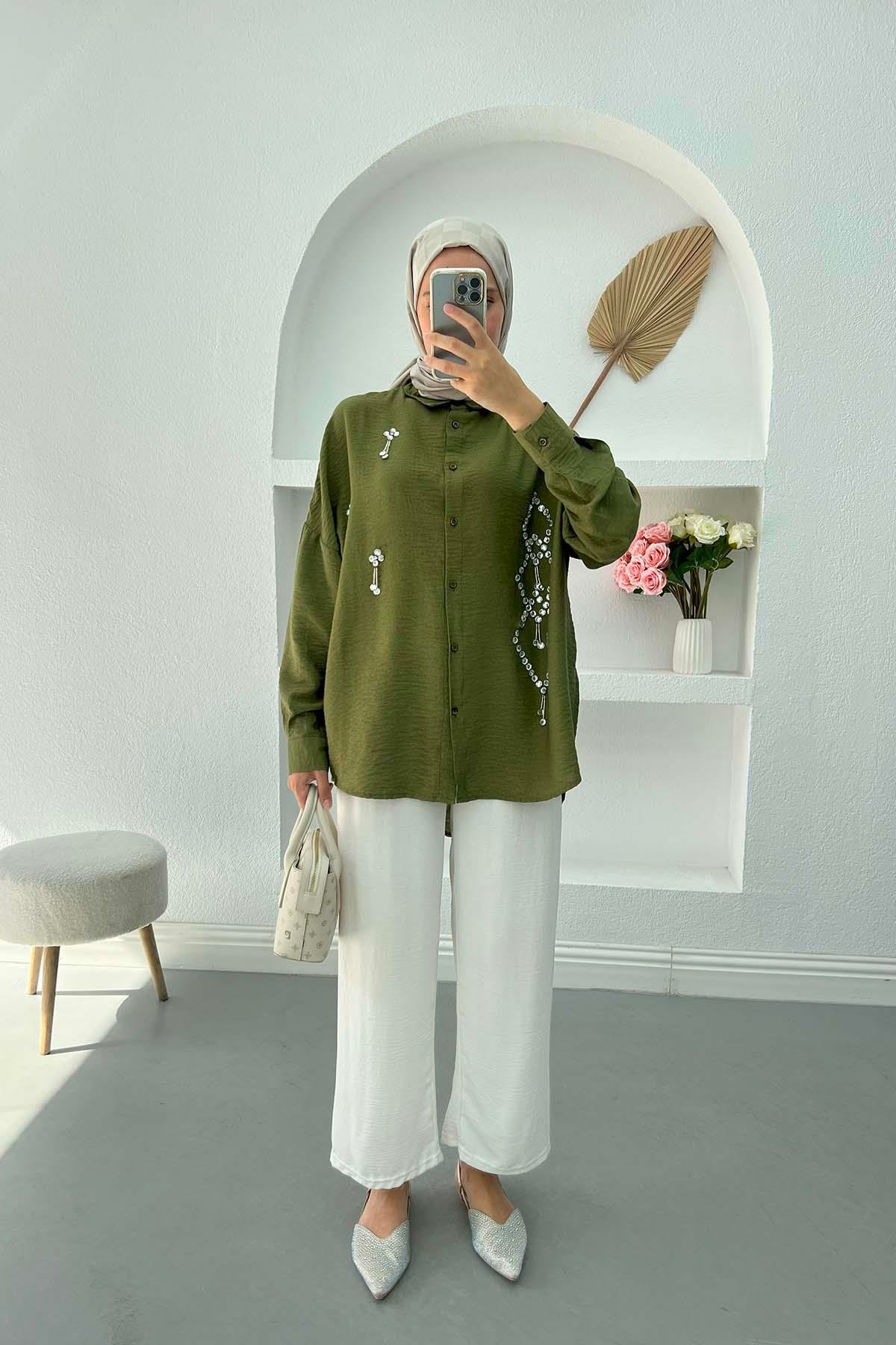 Taş İşlemeli Oversize Gömlek Haki