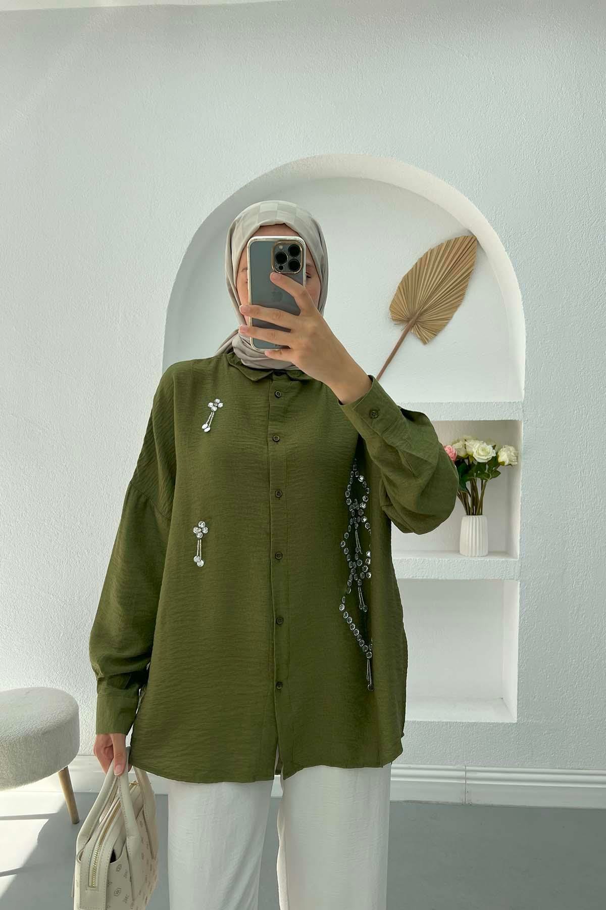 Taş İşlemeli Oversize Gömlek Haki