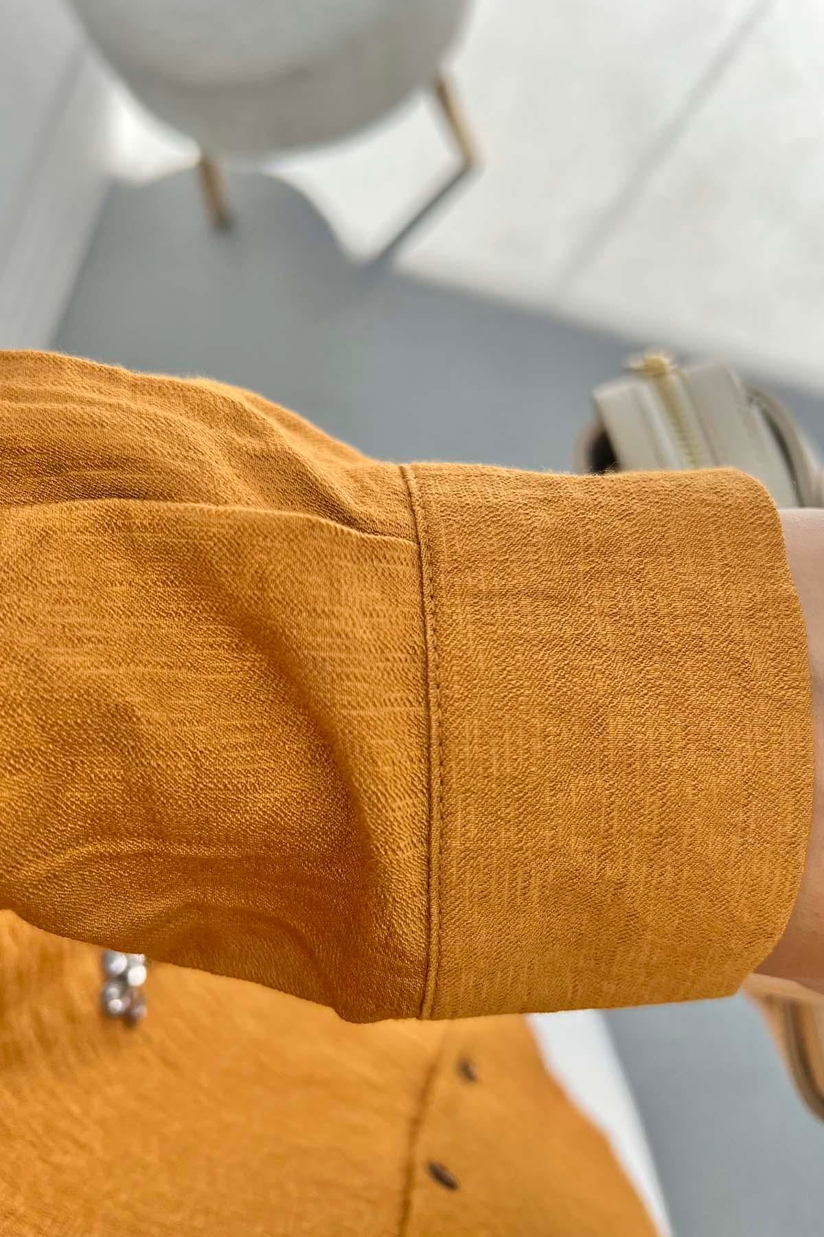 Taş İşlemeli Oversize Gömlek Hardal