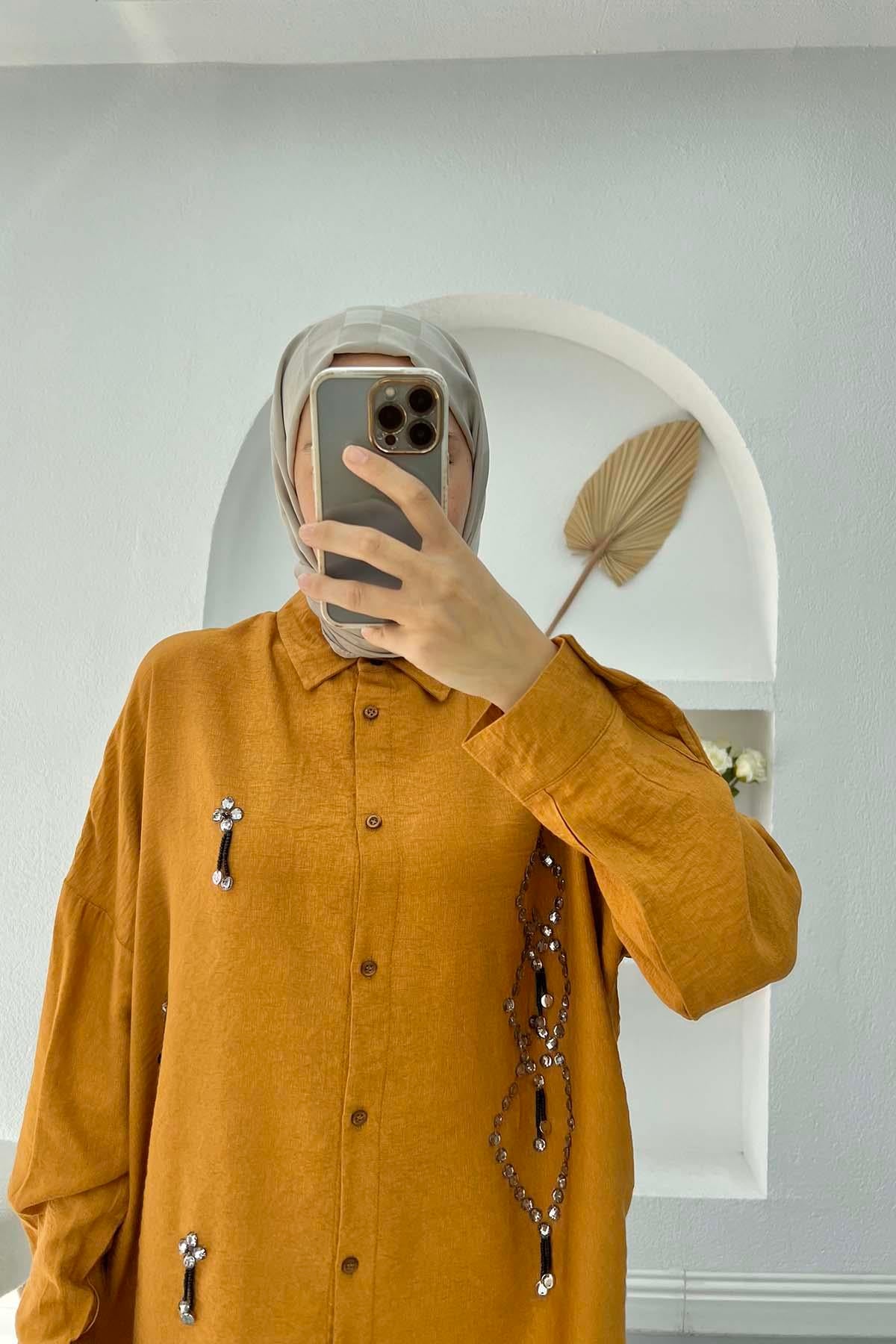 Taş İşlemeli Oversize Gömlek Hardal