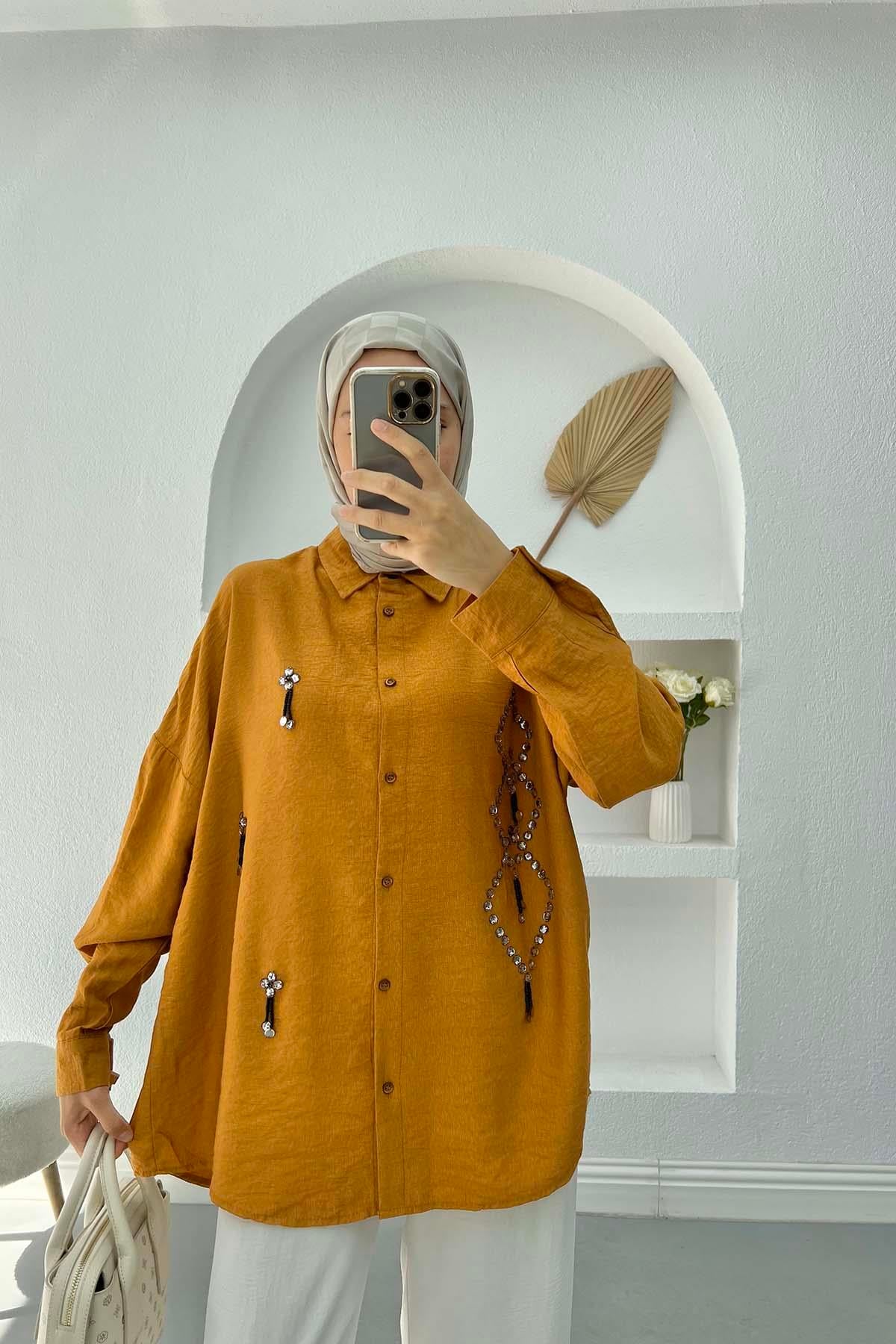 Taş İşlemeli Oversize Gömlek Hardal