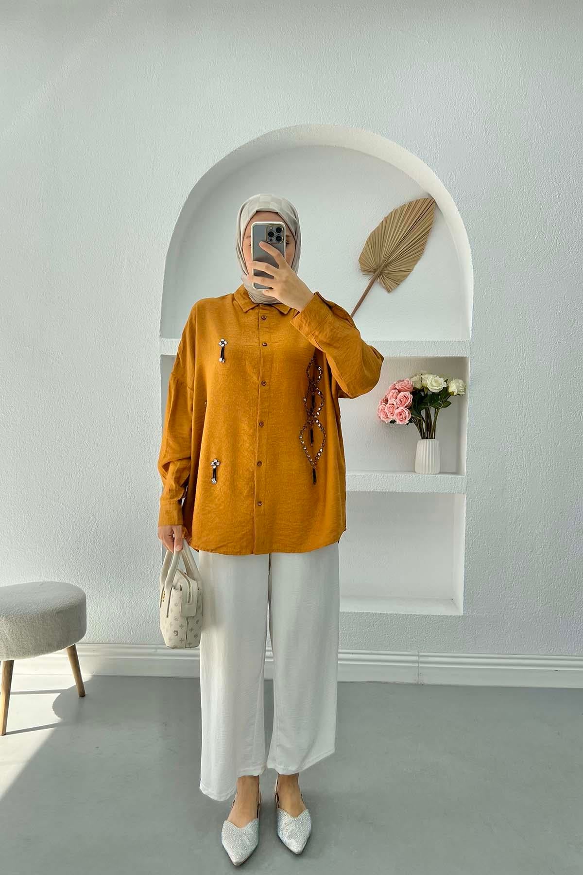 Taş İşlemeli Oversize Gömlek Hardal