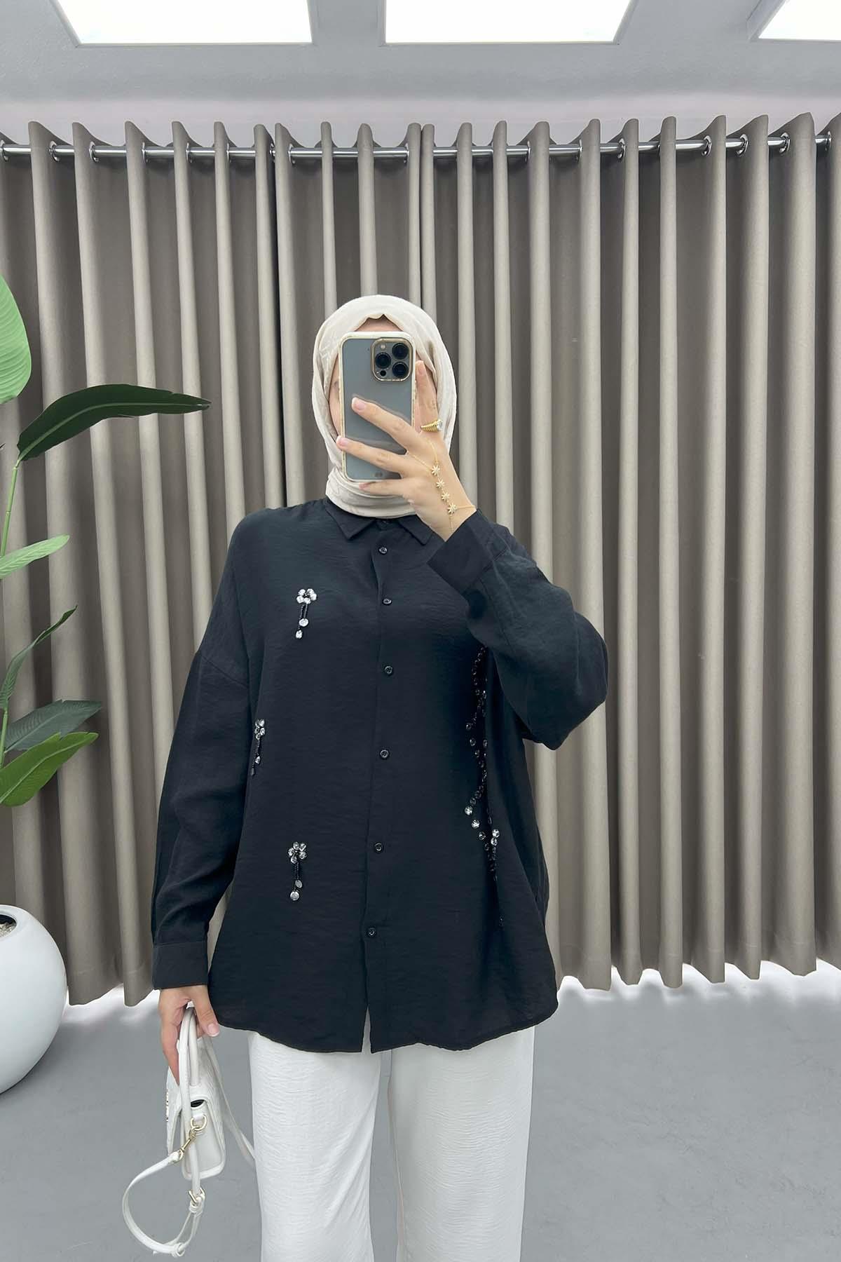 Taş İşlemeli Oversize Gömlek Siyah