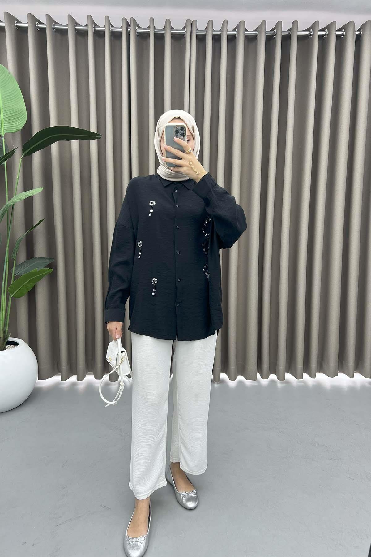 Taş İşlemeli Oversize Gömlek Siyah