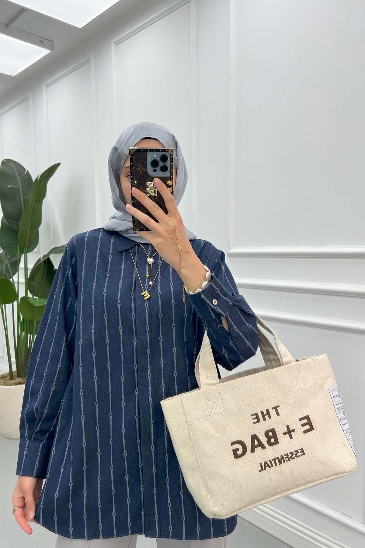 Taş Şerit Desenli Denim Gömlek Lacivert