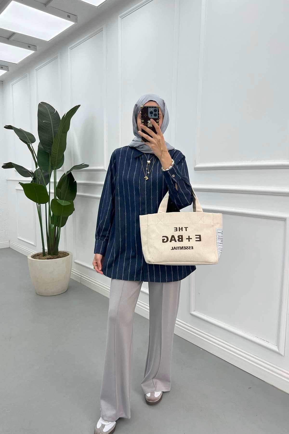Taş Şerit Desenli Denim Gömlek Lacivert
