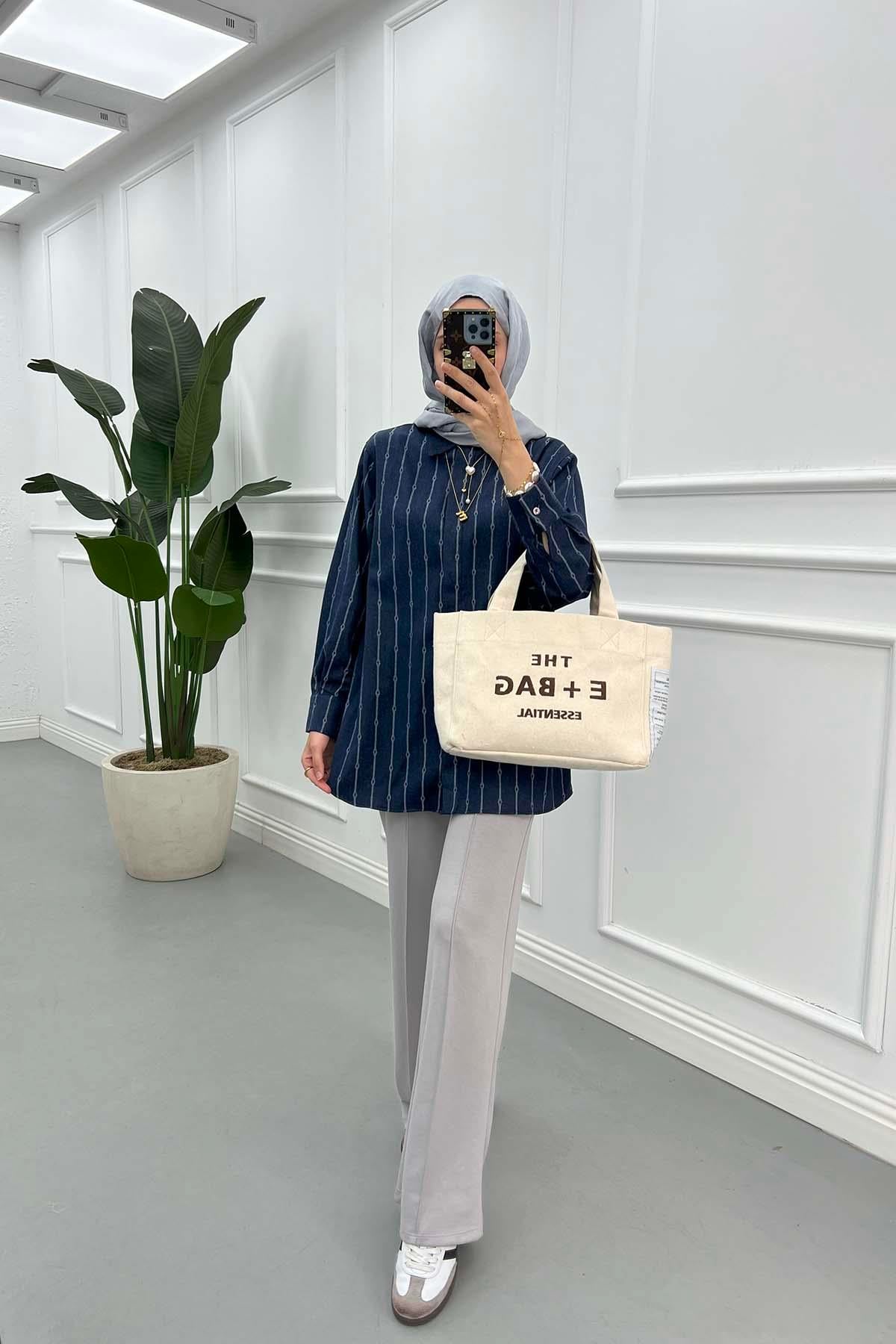 Taş Şerit Desenli Denim Gömlek Lacivert