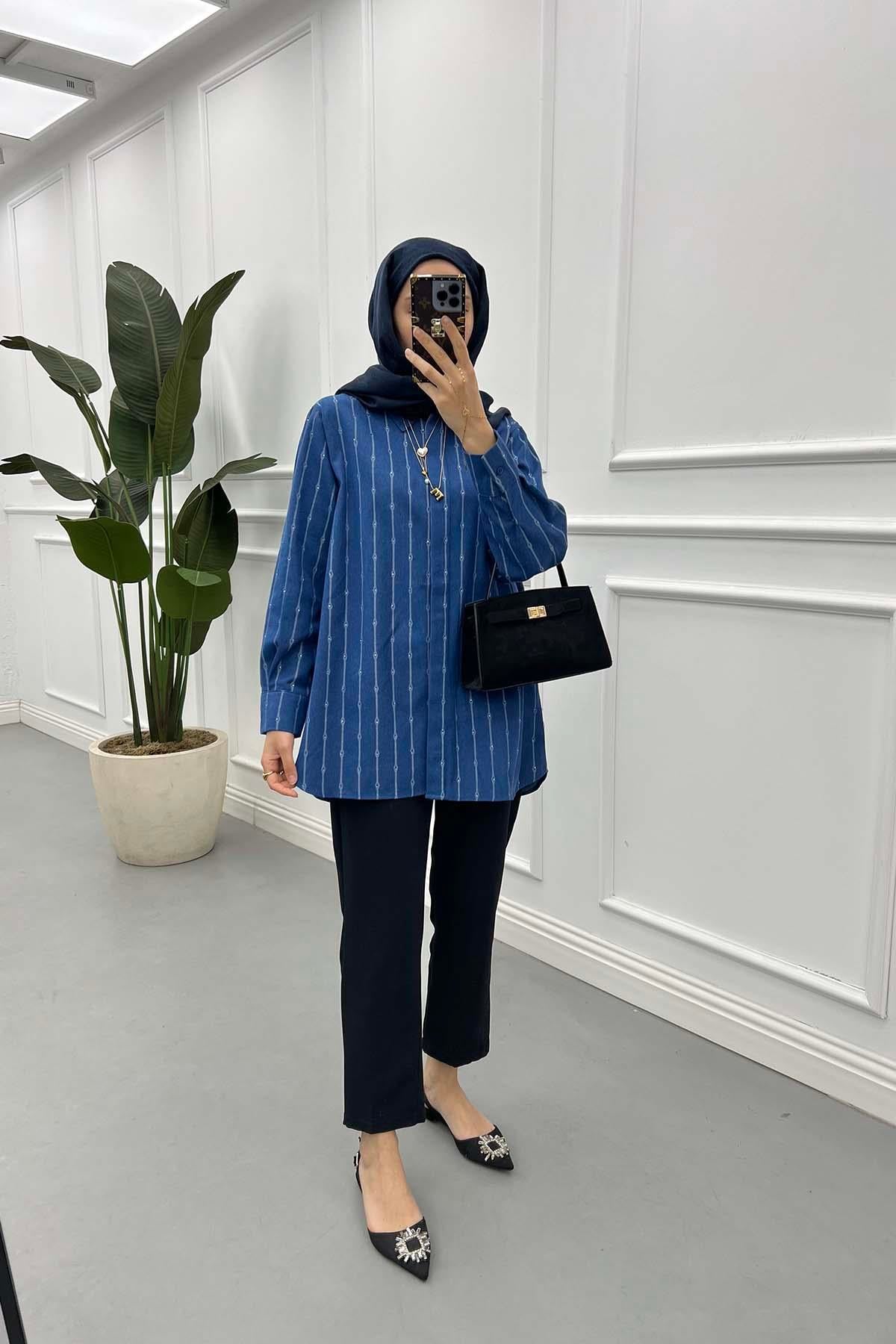 Taş Şerit Desenli Denim Gömlek Mavi