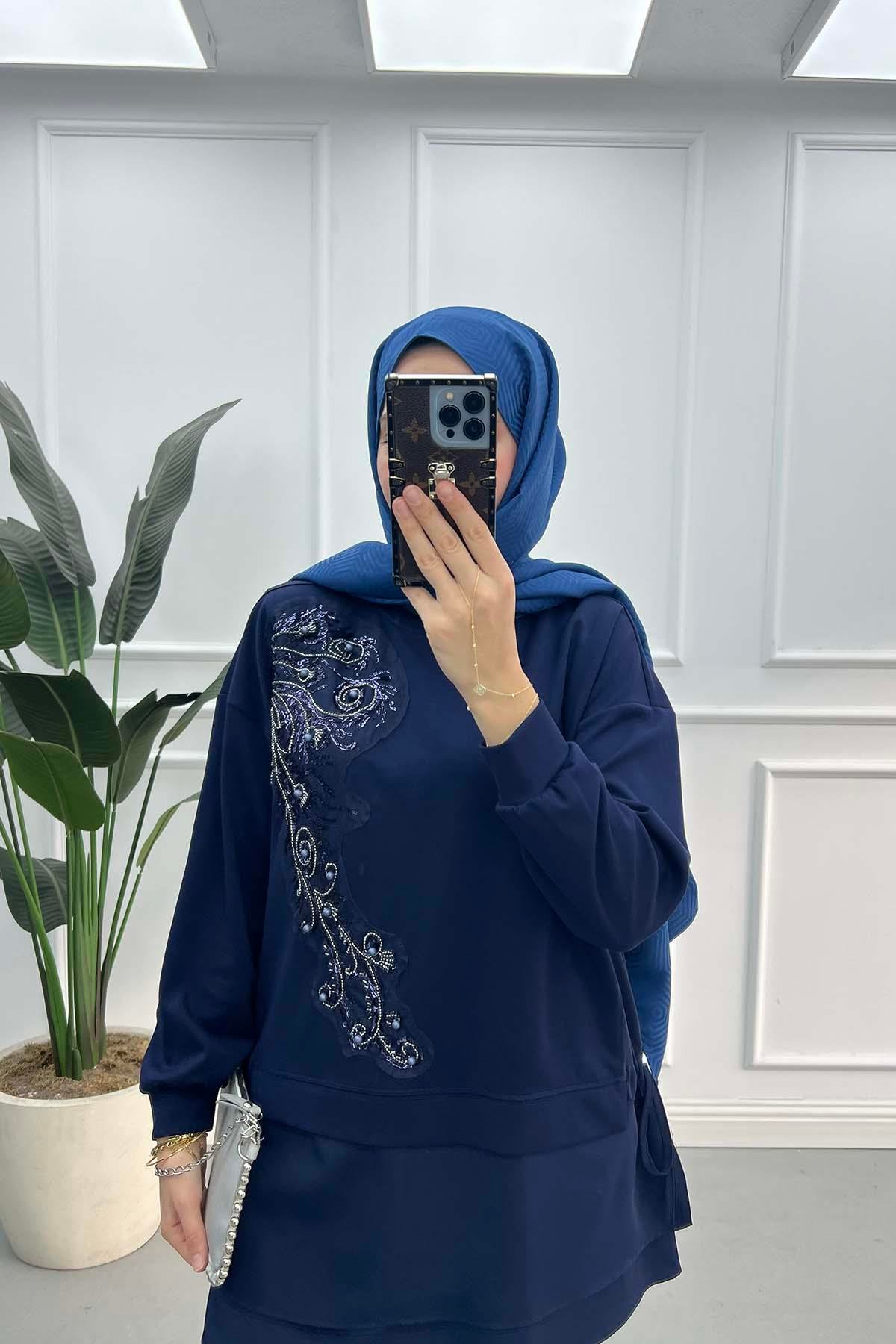 Taş ve Pul İşlemeli Yandan Bağlamalı Oysh Takım Lacivert