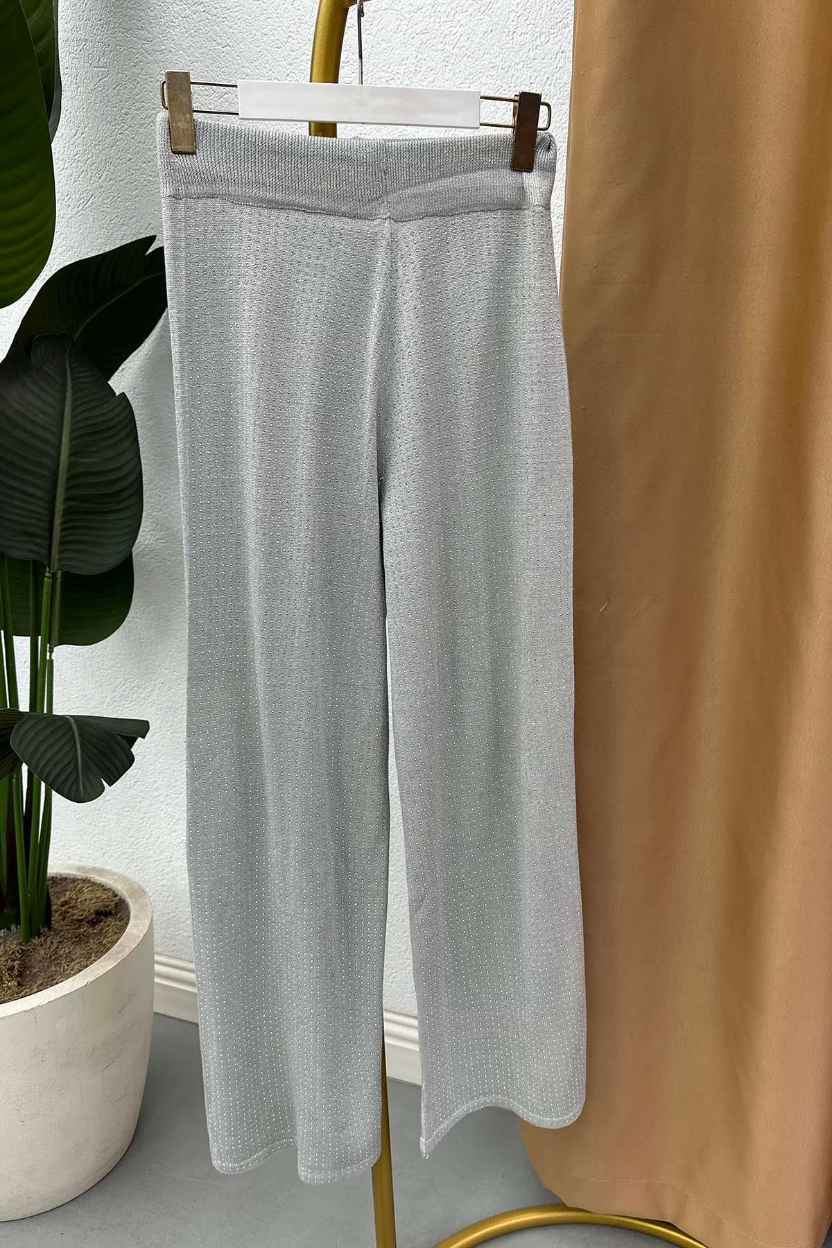 Taş Ve Sim Detaylı Triko Pantalon Gri