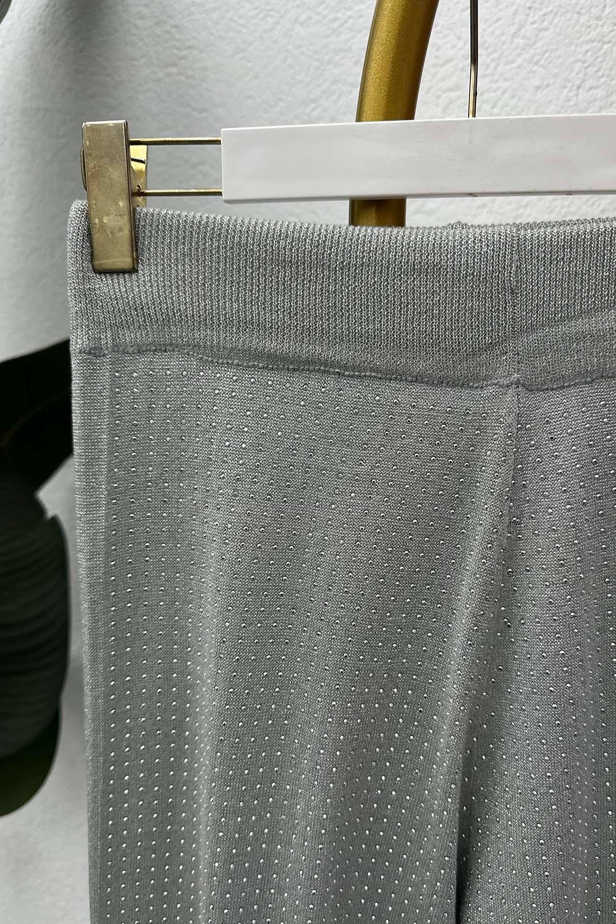 Taş Ve Sim Detaylı Triko Pantalon Gri