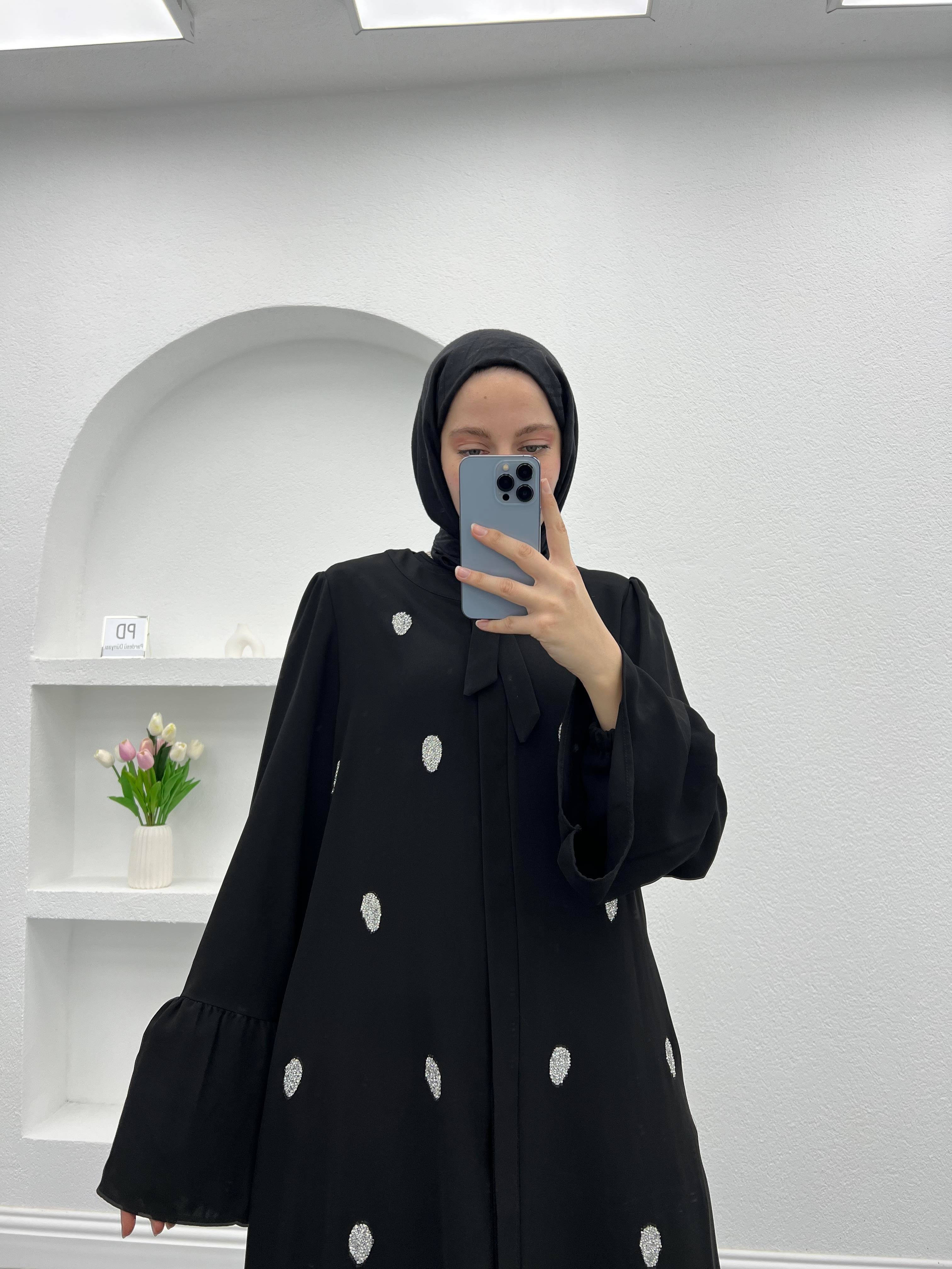 Taşlı Abaya Siyah