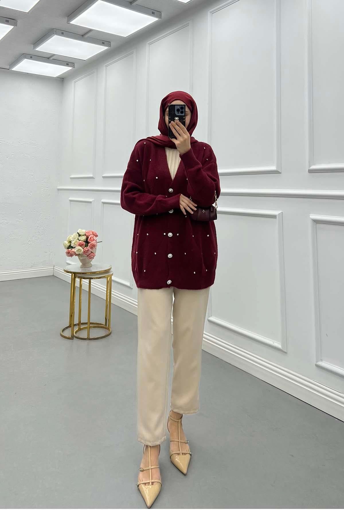 Taşlı Angora Hırka Bordo