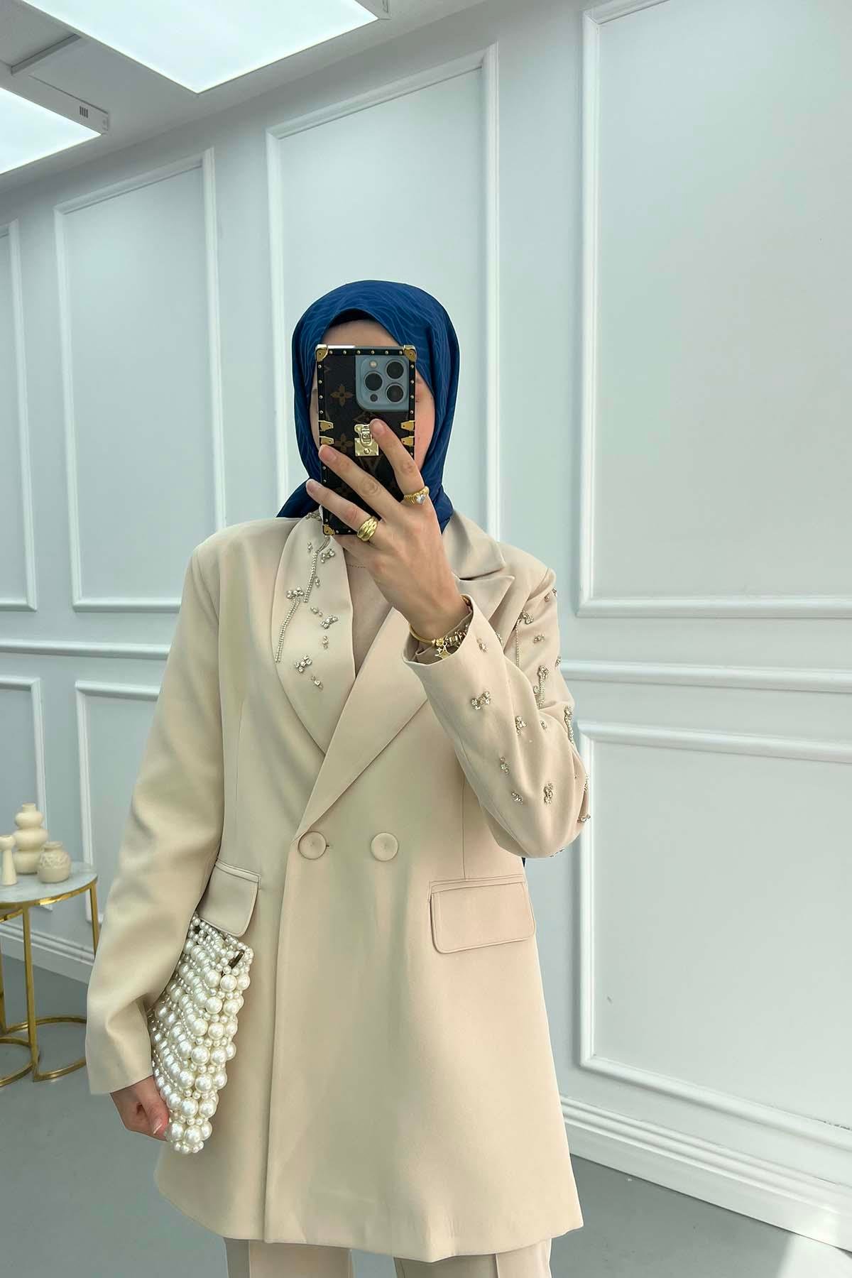 Taşlı Blazer Ceket Bej