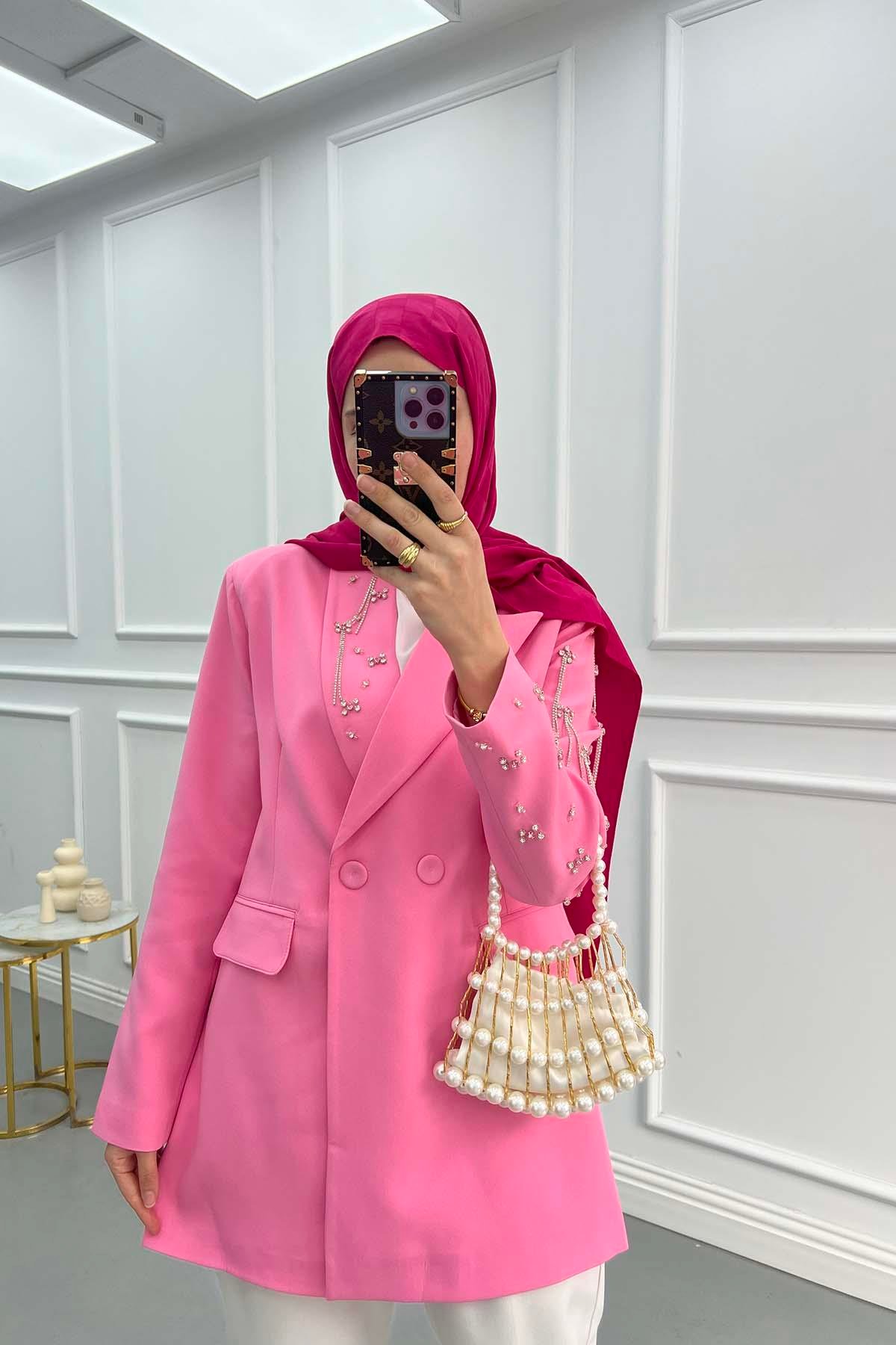Taşlı Blazer Ceket Pembe