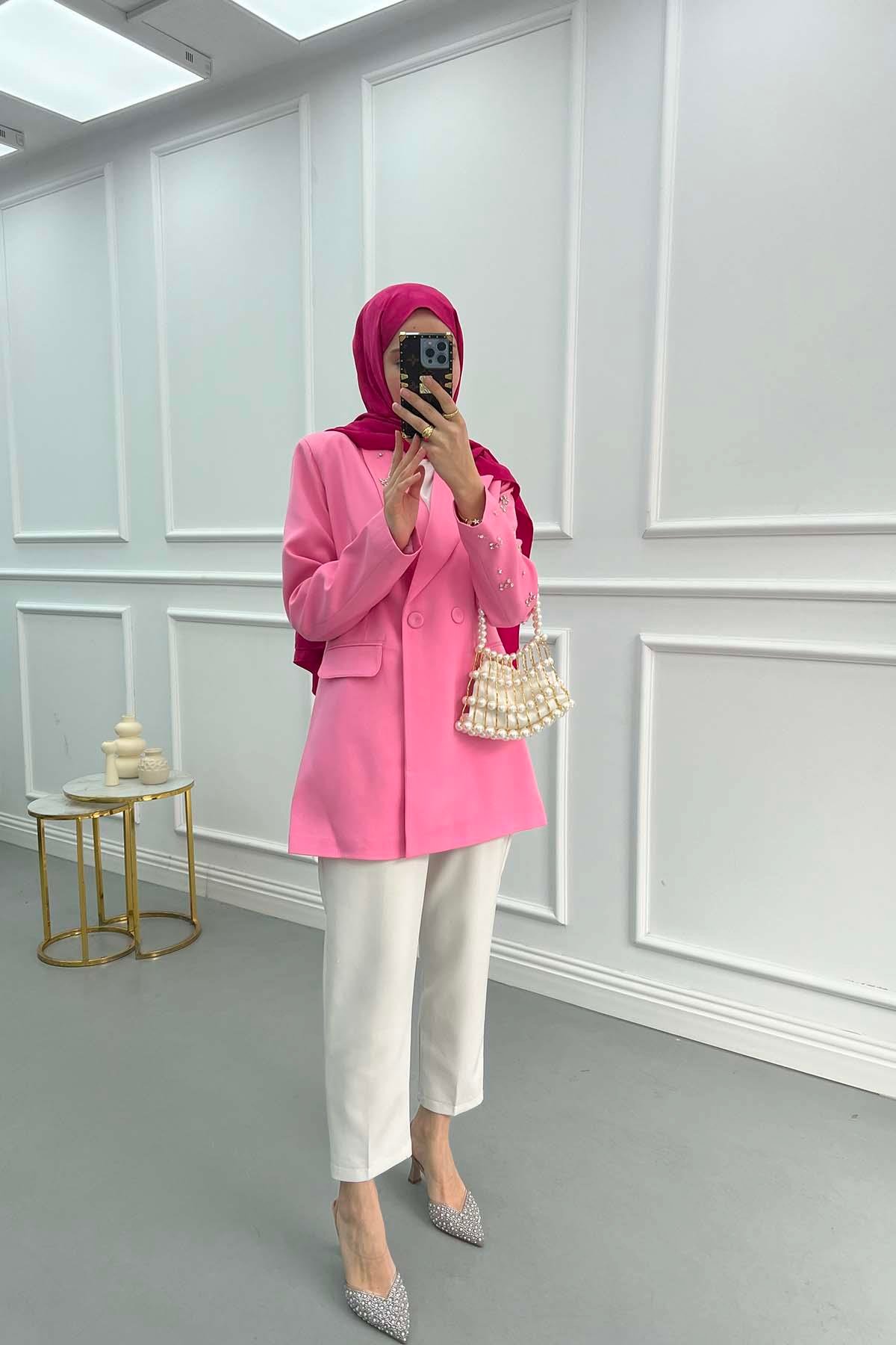 Taşlı Blazer Ceket Pembe