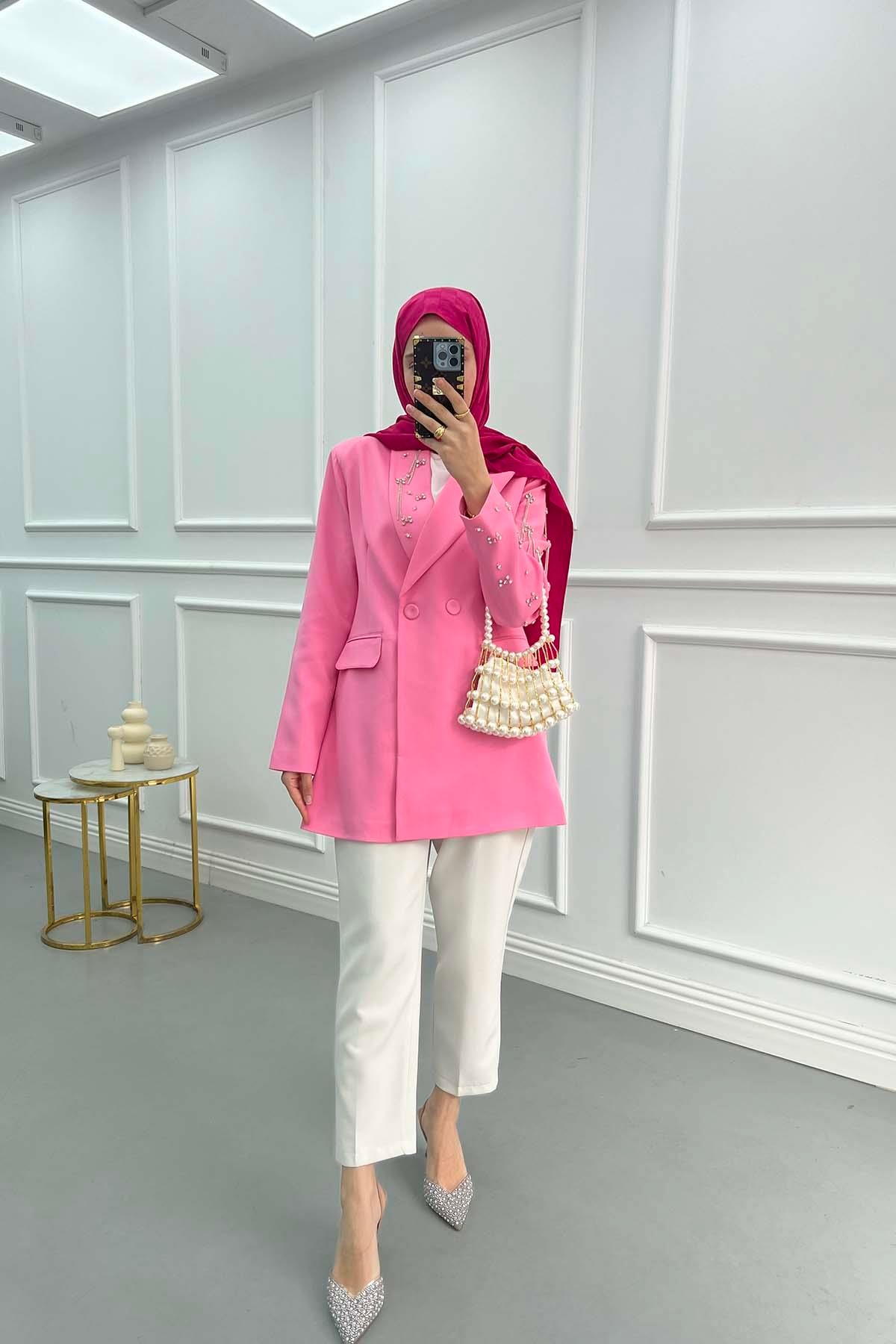 Taşlı Blazer Ceket Pembe