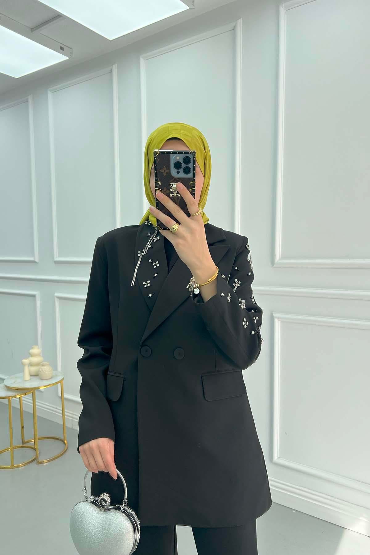 Taşlı Blazer Ceket Siyah