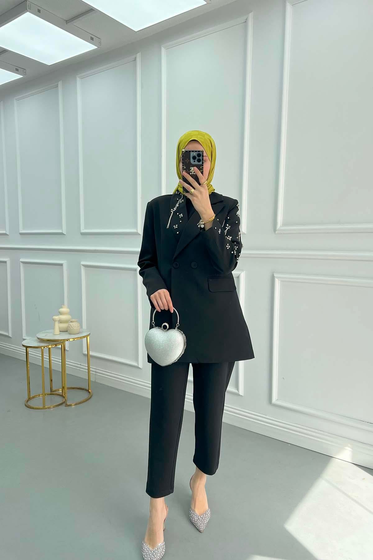 Taşlı Blazer Ceket Siyah