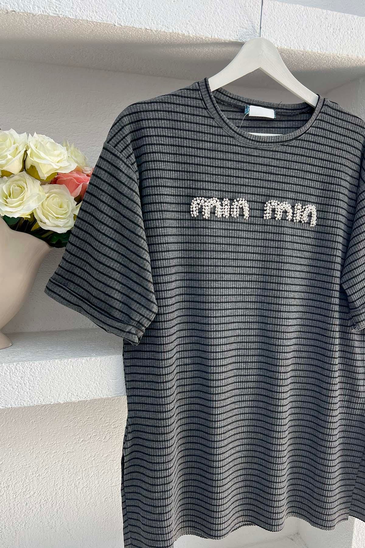 Taşlı Çizgili Mın Tshirt Gri