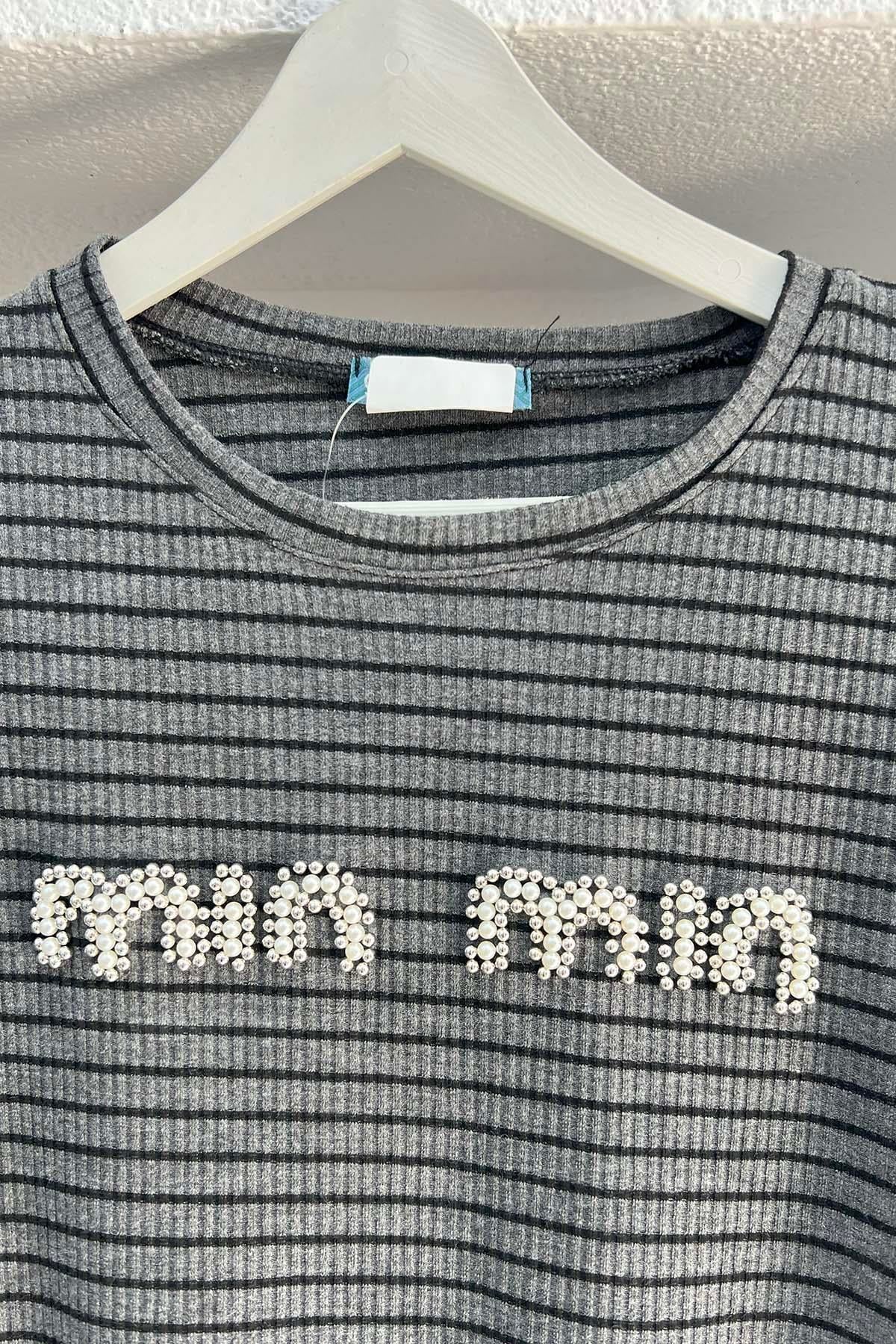 Taşlı Çizgili Mın Tshirt Gri